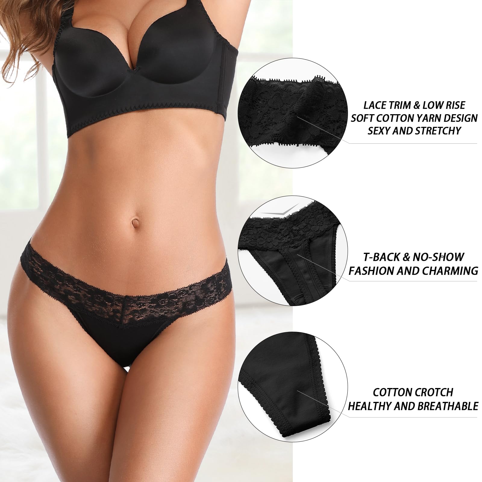 Tangas de algodón para mujer, espalda en T, transpirables, cómodas, transparentes, paquete de encaje sin costuras