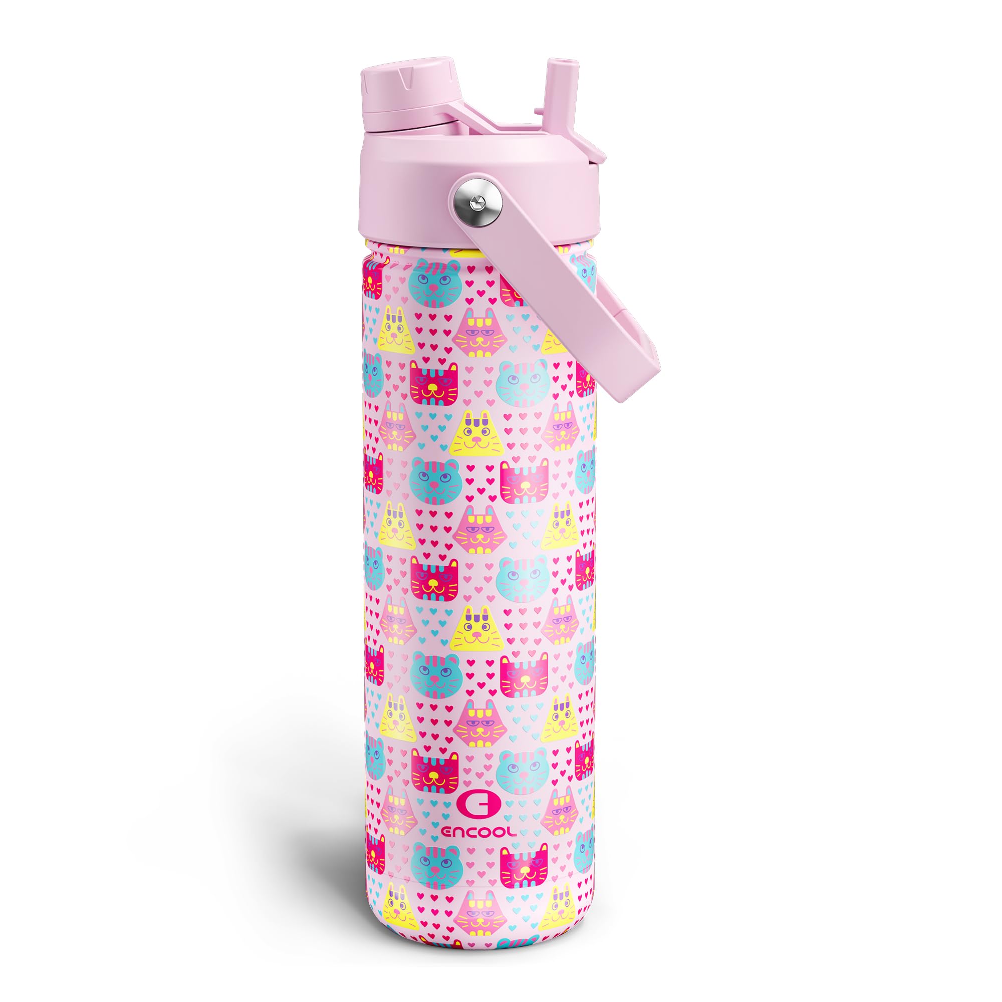 ENCOOL Insulated Water Bottle with Straw Stainless Steel Water Bottle, Leak-Proof, BPA-Free, Double Wall Vacuum Keeps Cold for 24 Hours for Sports, Travel, School (26 oz, Macaron Cat)