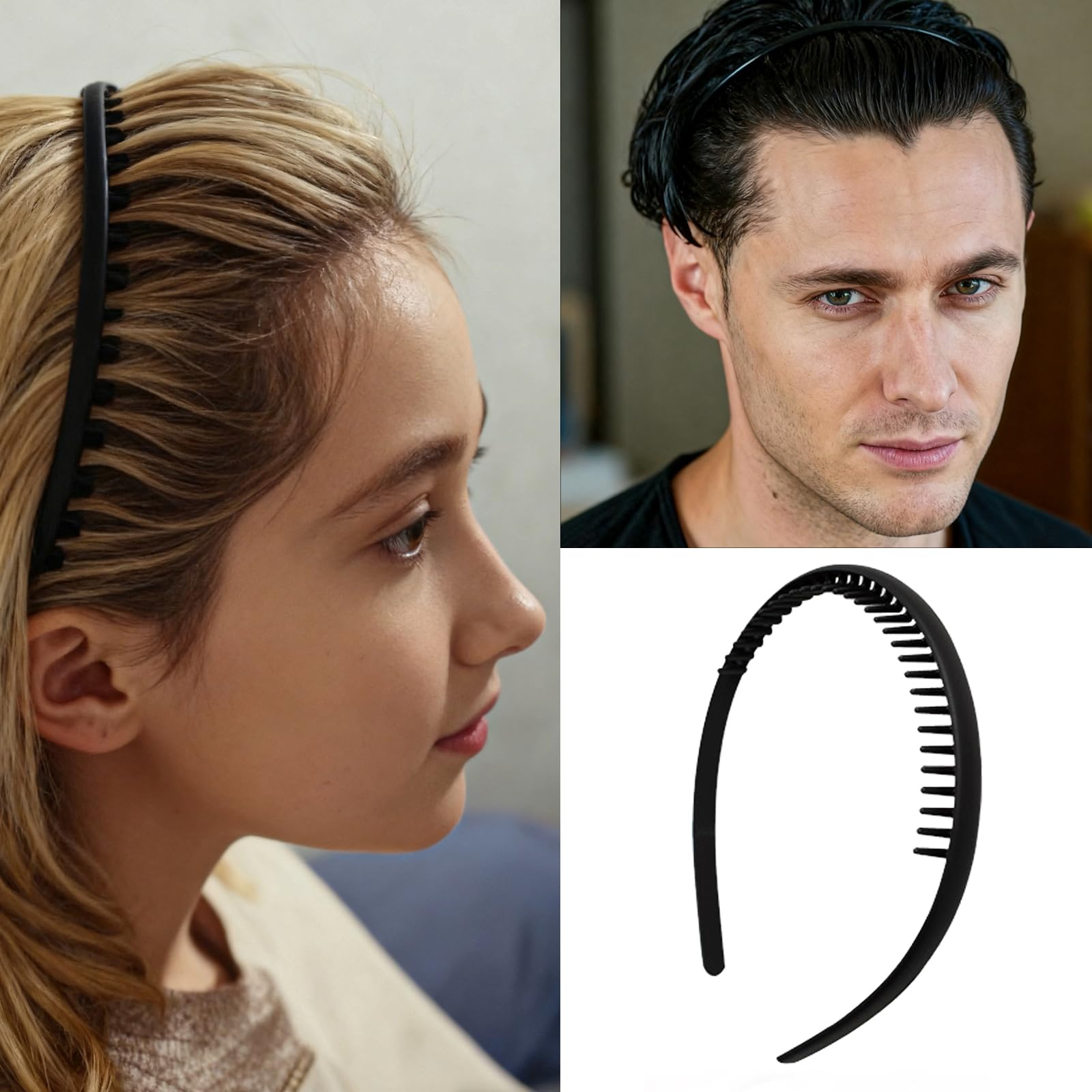 6 fasce per capelli con denti antiscivolo, pettine, alla moda, in plastica, accessori per capelli, per donne, uomini, adolescenti, ragazze, nero brillante