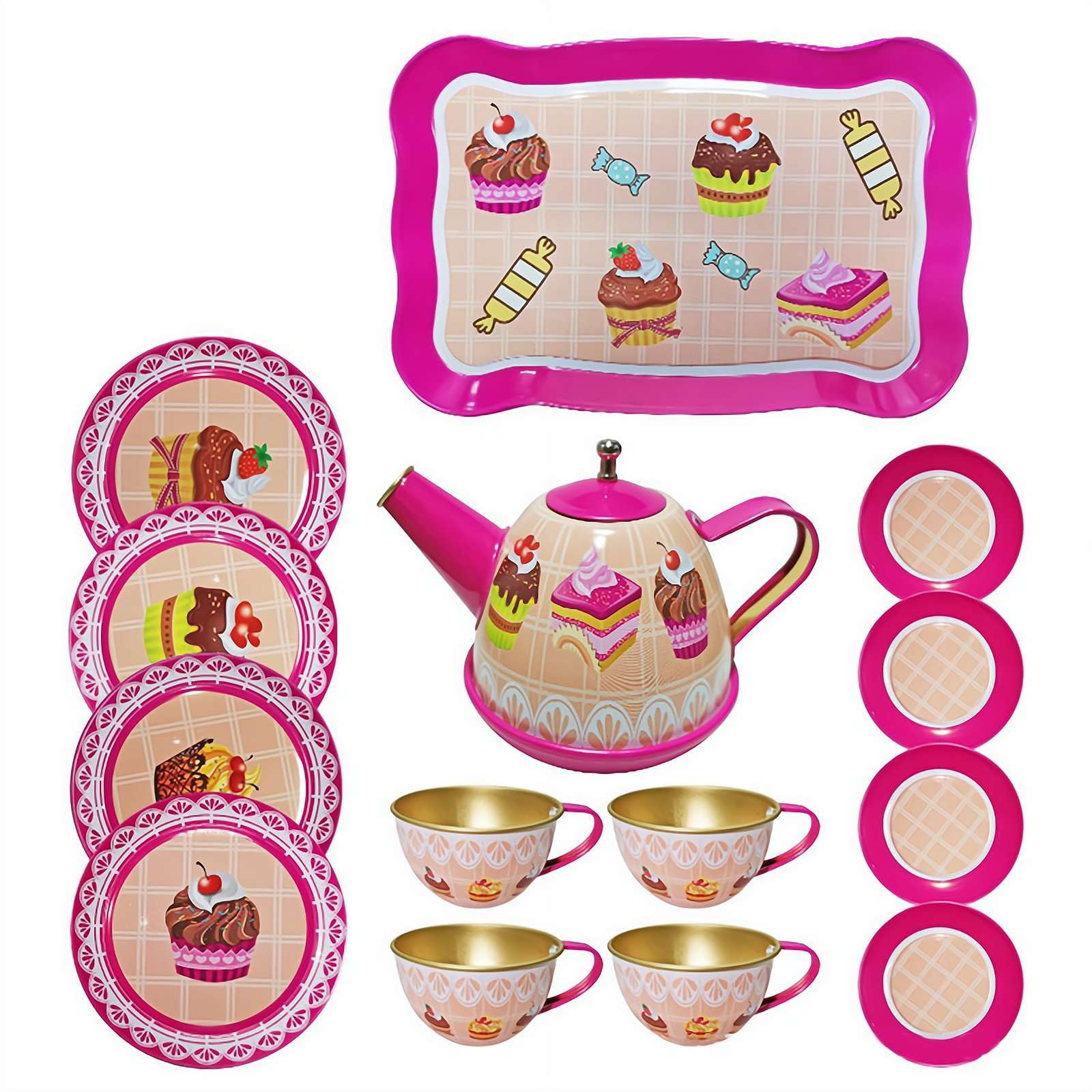 Kids Tea Party Set, Pretend Play Kitchen Party Dessert Cookies Teapot Tray, Metal Flower Te-a Se-t Toys for Toddlers Girls