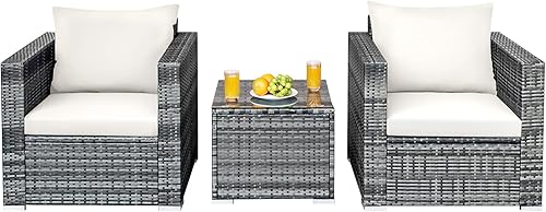HAPPYGRILL Juego de 3 piezas de sofá de mimbre de ratán al aire libre con mesa auxiliar, juego de muebles de patio con cojines suaves para balcón,