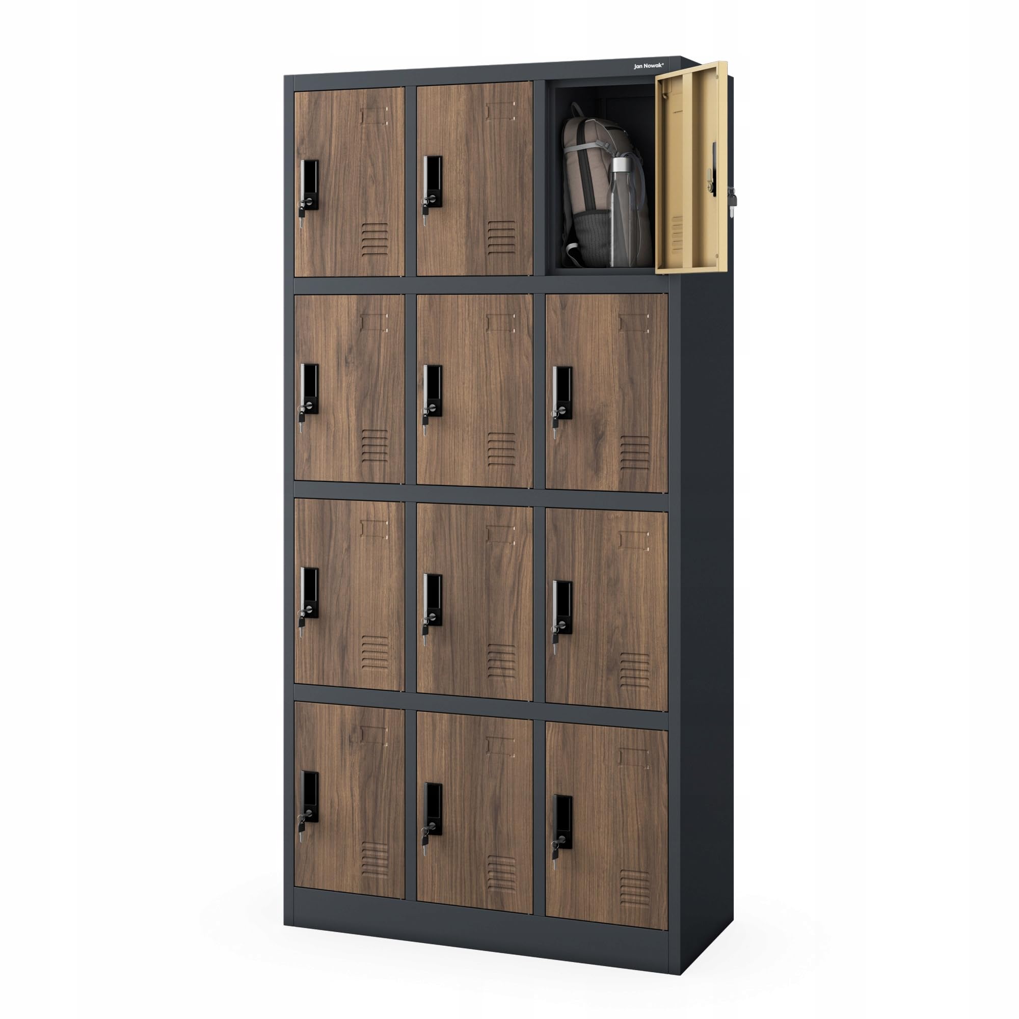 Jan Nowak Armario para Vestuario 3B4A Taquilla Metálico con 12 Compartimentos Ranuras de ventilación Recubrimiento de Polvo 185 cm x 90 cm x 40 cm Antracita-Madera
