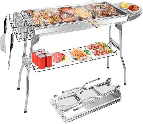 TeqHome Parrilla de carbón portátil, plegable y mejorada, parrilla de carbón grande con estante de tablero y cesta de almacenamiento de sabor, marco