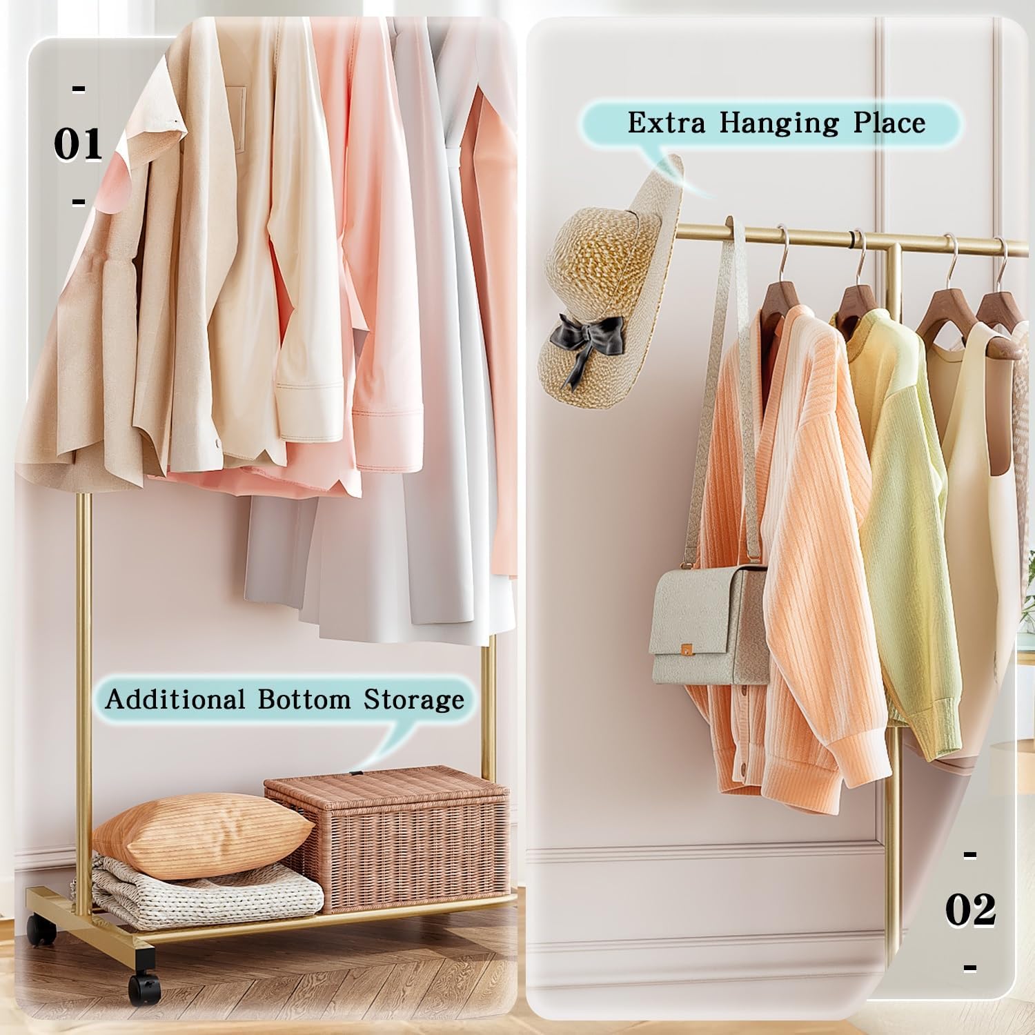SUOERNUO Clothes Rack with Wheels Rolling Clothing Rack for Hanging Clothes, Portable Metal Garment Rack for Bedroom Laundry Living Room (Gold, 59.05"*15.75"*59.45")