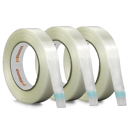 Cinta de fleje de filamento (12 pulgada x 60 yardas, paquete de 3) cinta de fibra de vidrio reforzada transparente de 5.5 mil - Adhesivo sintético