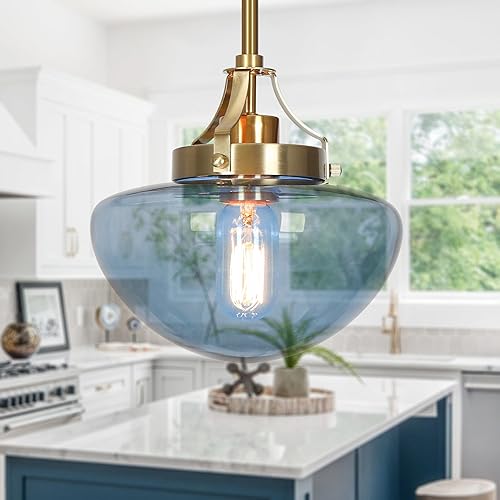 Luces colgantes de isla azul, moderna iluminación colgante dorada para isla de cocina, luces colgantes de vidrio para comedor