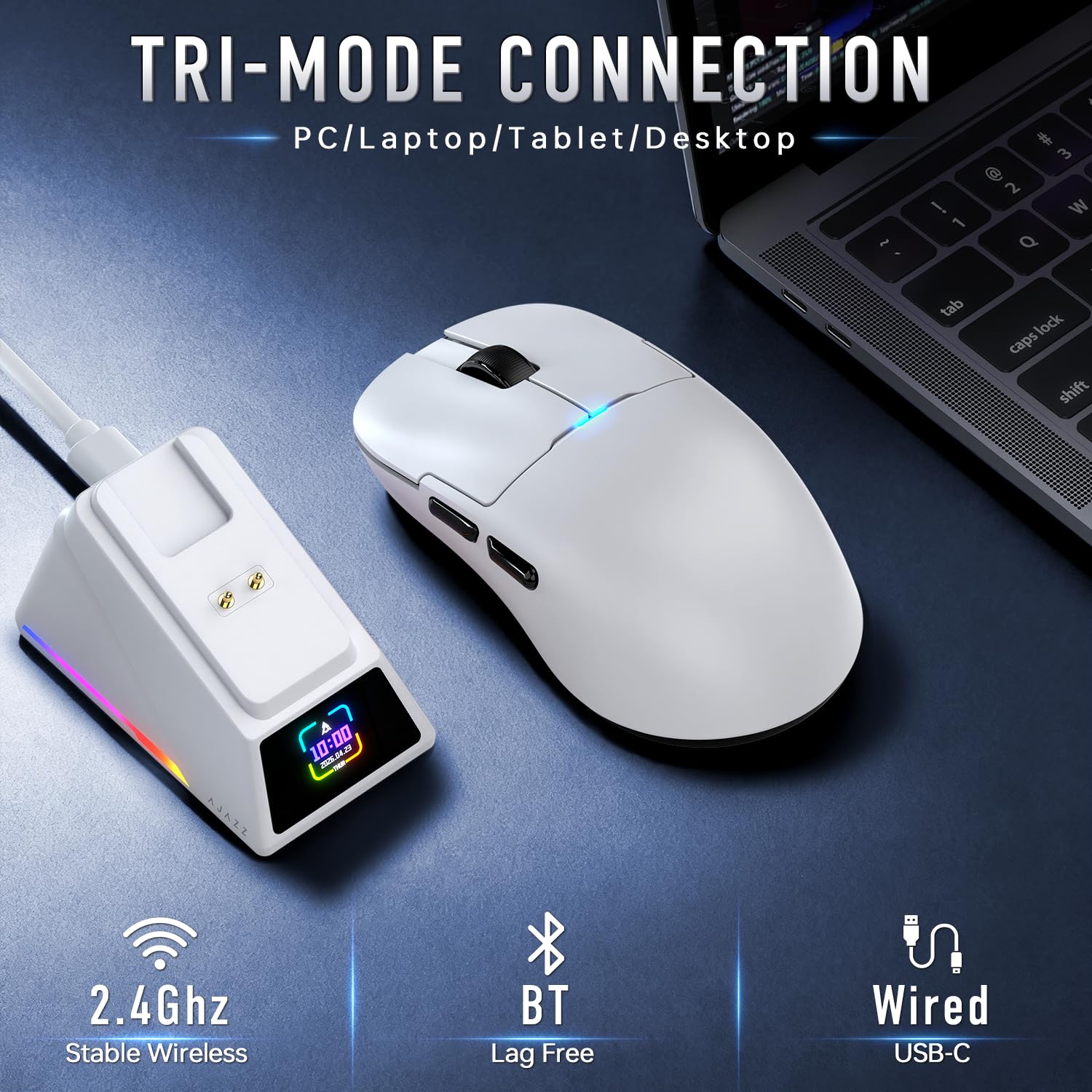 FREEWOLF x A.JAZZ AJ159P MC PRO Mouse da Gaming Wireless, Dock di Ricarica Magnetico con Schermo TFT, Ultra-Leggero 57g, Sensore PAW3311, 24000 DPI, BT/2.4G/USB-C, 20M Click, per PC/MAC (Bianco)