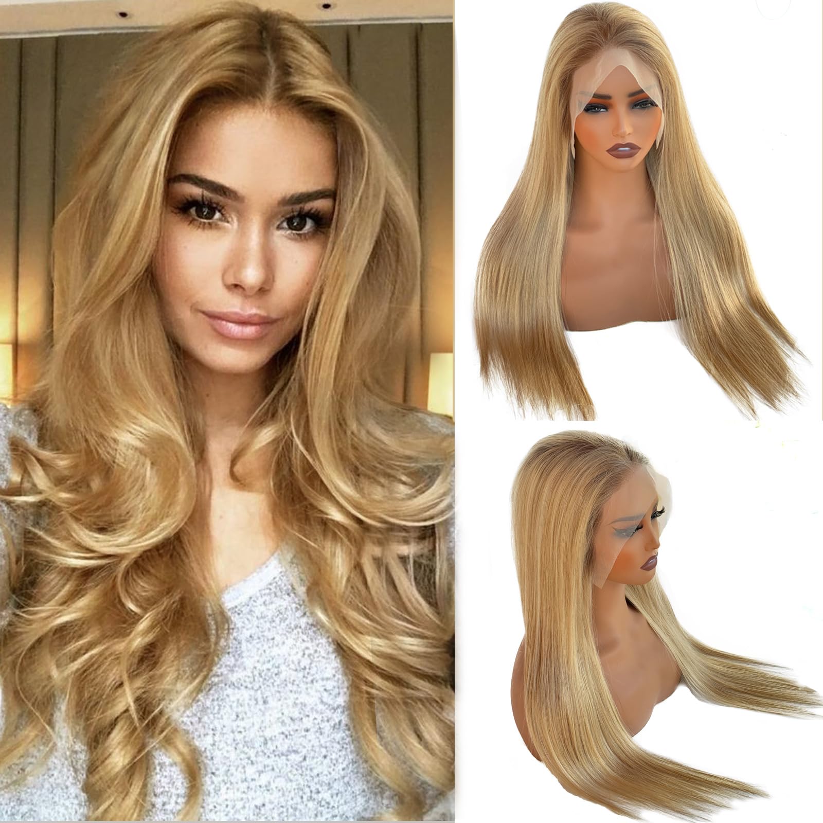 OiMiGO 13x6 Straight HD Lace Front Wigs Human Hair Brown and Blonde Highlight Ombre Pre Plucked with Baby Hair 180 Density 18 Inch