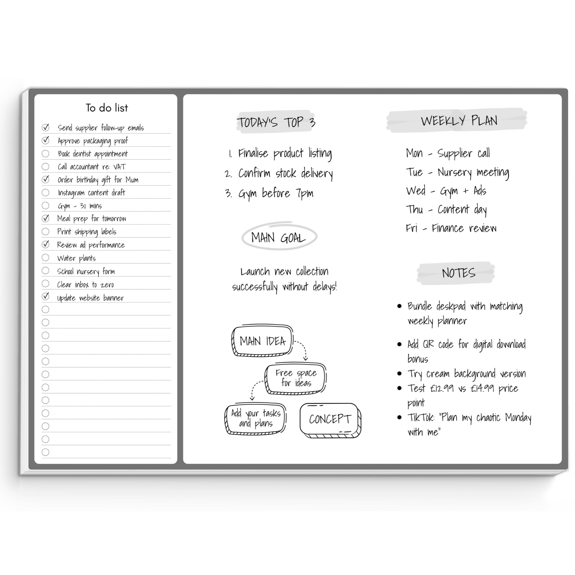 A3 To Do List Planner Desk Pad | Undated Productivity Notepad with Daily Top 3, Weekly Plan, Main Goal, Notes & Doodle Space, 50 Tear-Off Sheets, 120gsm Paper, Large Monochrome Deskpad