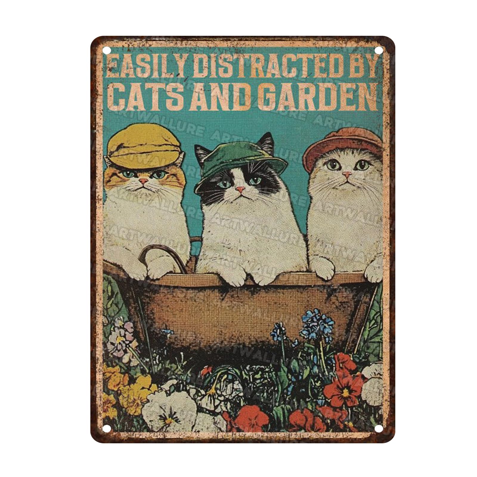 Cats Garden Vintage Signs Easily Distracted By Cats And Garden Metal Sign for Home Bar Office Wall Art 12x16inch