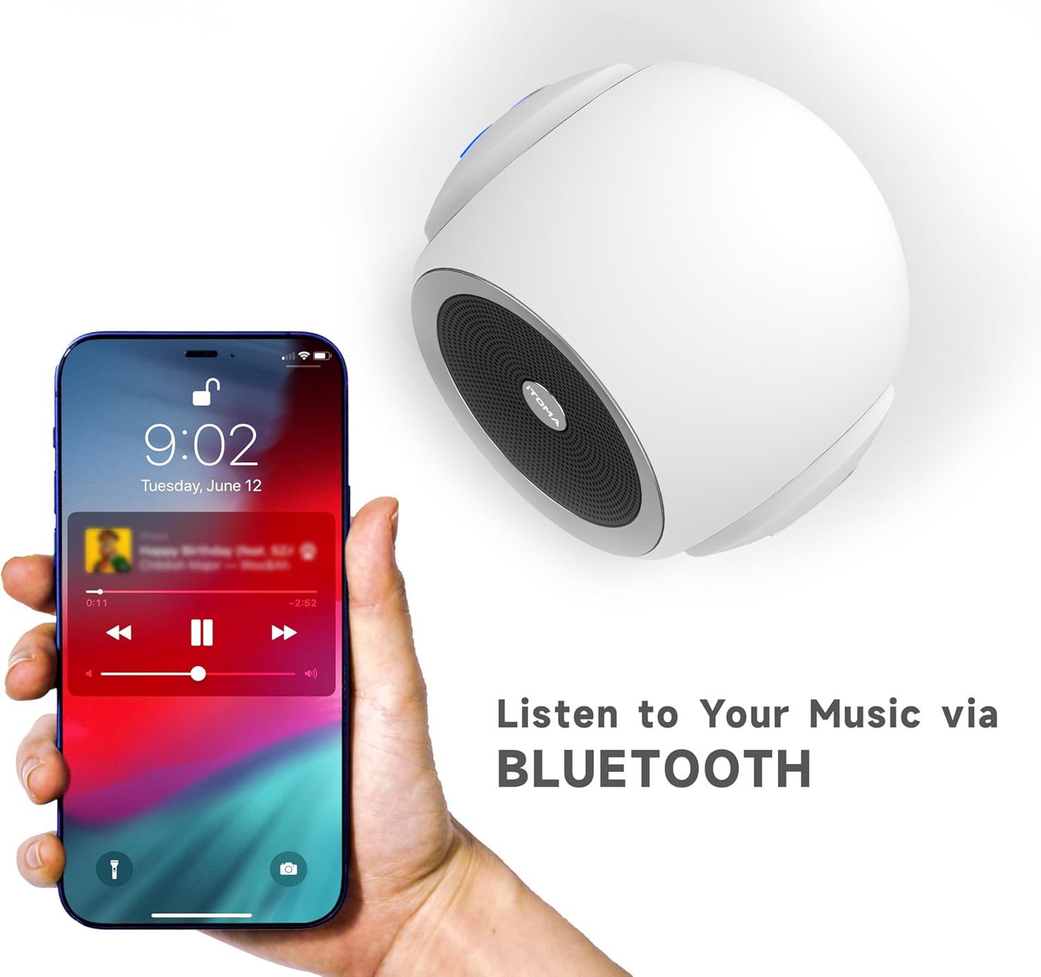 Hand holding a smartphone displaying music playback, next to the iTOMA White Noise Machine 318, with text 'Listen to Your Music via BLUETOOTH'