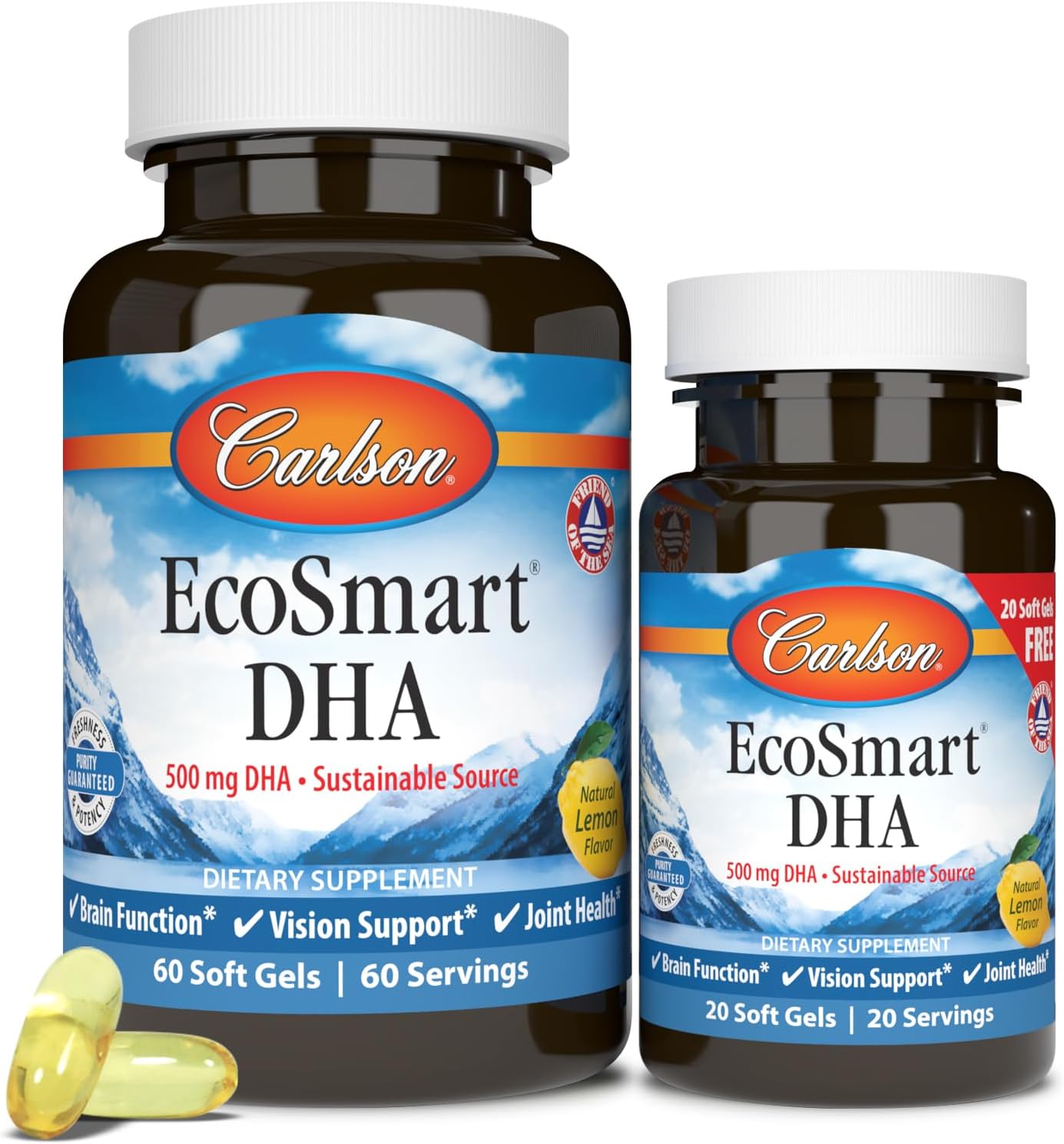 Carlson - EcoSmart DHA, 500 mg DHA, Sustainable Source, Healthy Vision & Brain Function, Lemon, 60+20 Softgels