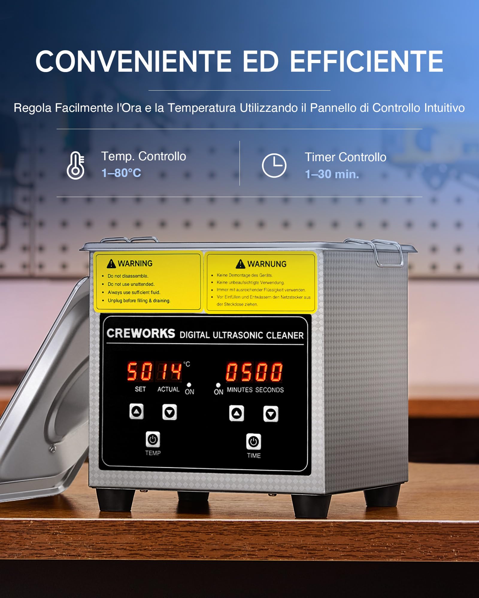 Pulitore Ultrasuoni Industriale 1L 50W Acciaio Inossidabile con Riscaldatore Timer Digitale