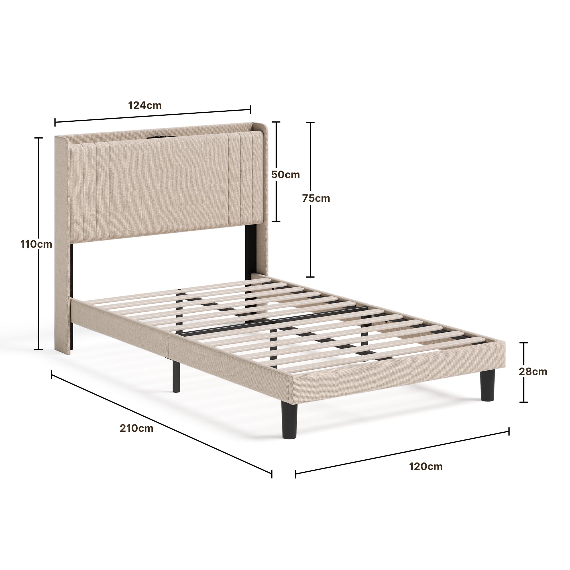 Letto imbottito con luce LED 120 x 200 cm，Piattaforma Struttura letto (2 Prese CA 2 Porte USB), Per le camere degli ospiti e le camere da letto (Beige, 120 x 200 cm)