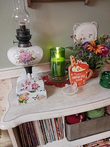 Miniatura 9 de Eywamage Velas de cristal verde sin flama, de luces LED parpadeantes con control remoto, cera y mecha reales, paquete de 3 velas de columna,