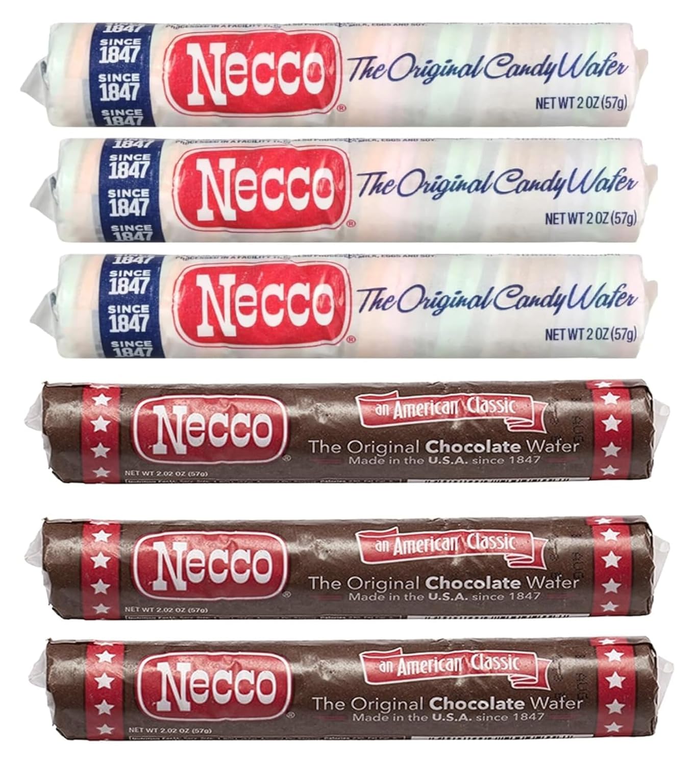 Necco Wafers Variety Pack - 6 Rolls - 3 Rolls of Chocolate and 3 Rolls of Variety - The Original Wafer Candy - Timeless Classic Everyone is Sure to Enjoy