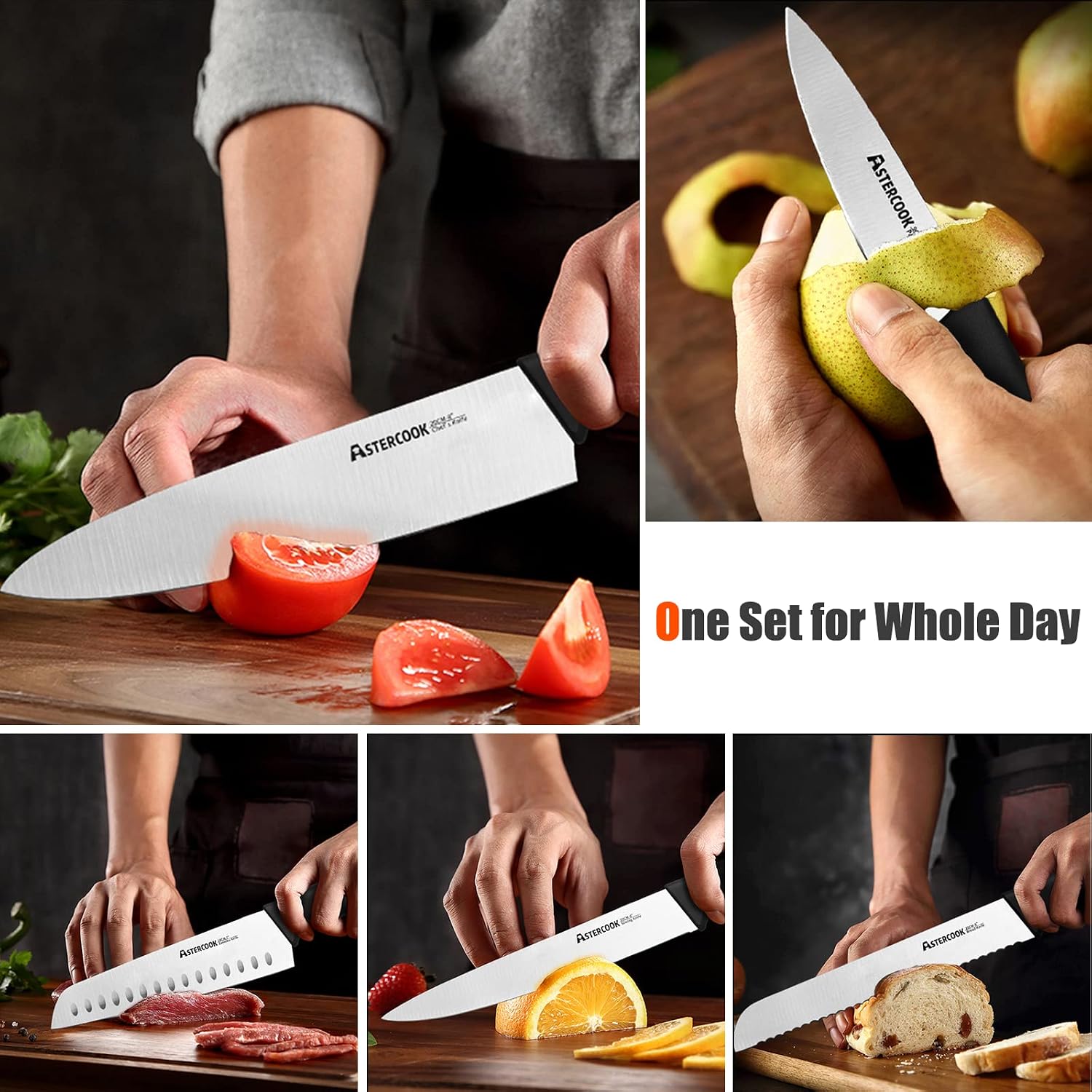 Knife Set, Astercook 24 Pcs Kitchen Knife Set with Blade Guards, Stainless Steel Chef Knife Set & 6 Pcs Steak Knives