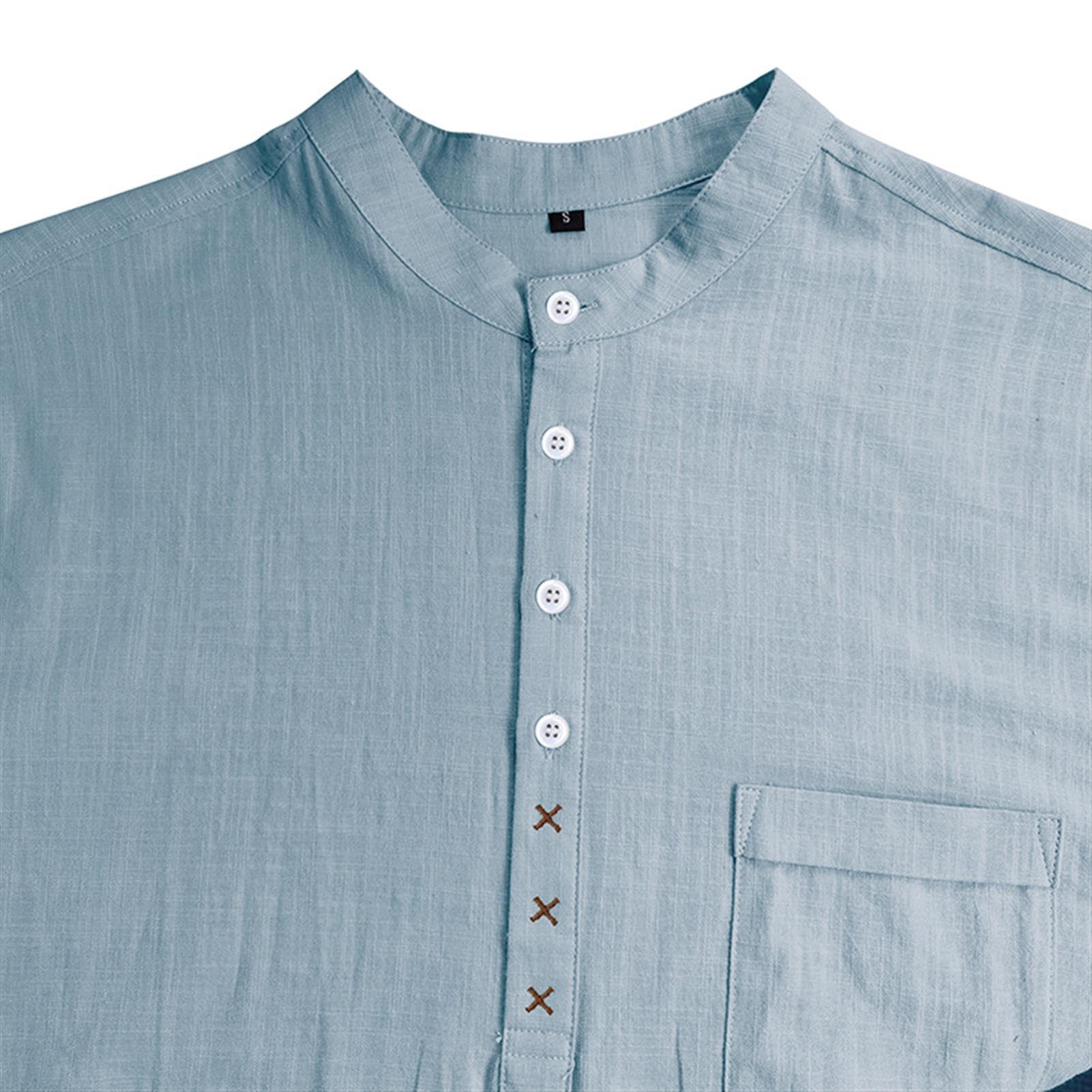 hixswnu Männer Leinen Kurzarm Shirt Casual Beach Shirts Henley T-Shirt Band Kragen Urlaub Tops mit Tasche