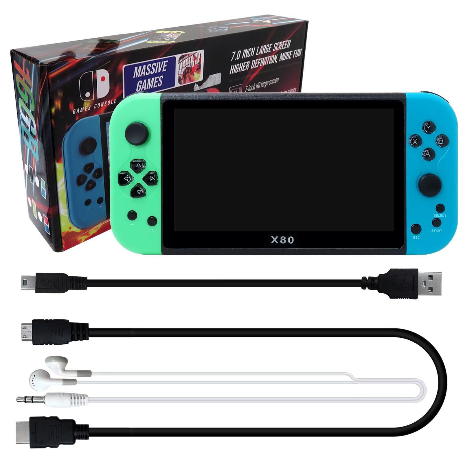 SUNJCO X80 Handheld Game Console 16Gb 7-inch HD Output Retro Game Support TV Playing Games Console Birthday Gift for Kids Adult - Blue&Green