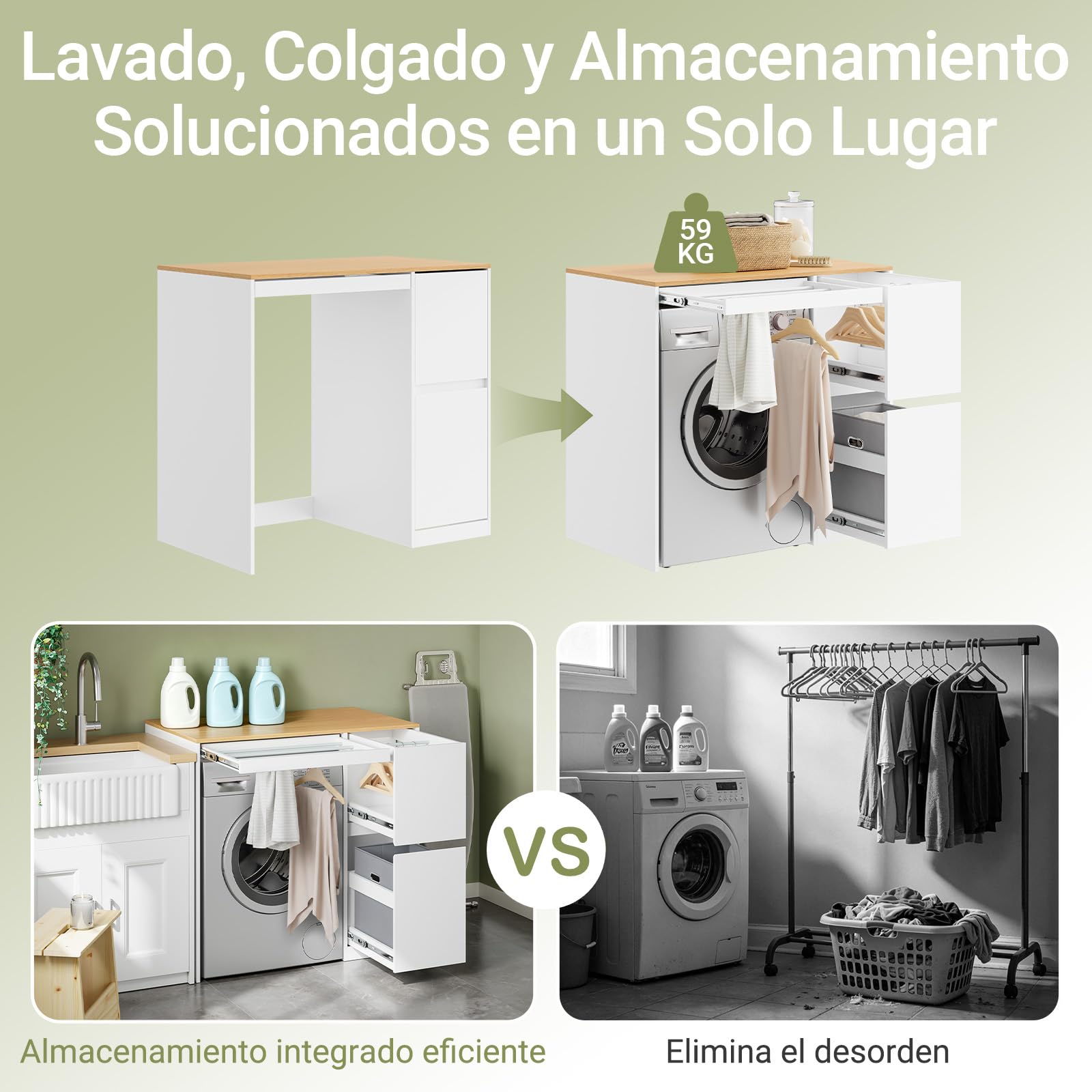 SoBuy Mueble Lavadora con Cesto para Ropa 100x60x95 cm Lavandería y Baño | Mueble sobre Lavadora, Estantería con Tendedero Extraíble, Armario Blanco y Madera BZR223-WN