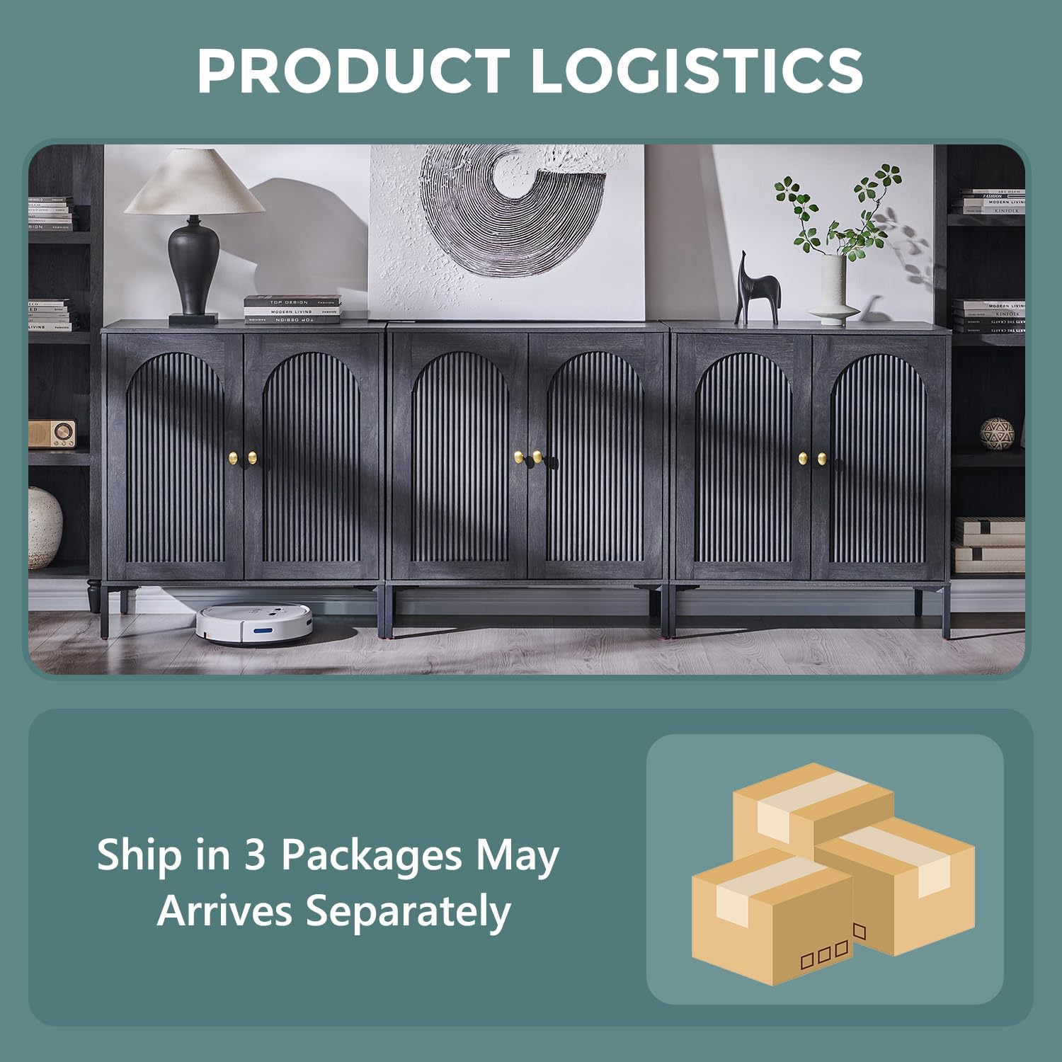 Modern TV Stands for 80 Inch TVs, 92.63" W Wood Entertainment Center w/Adjustable Shelves, Mid Century Modern TV Stand w/Arched Fluted Doors, Media Console Cabinet for Living Room, Dark Grey