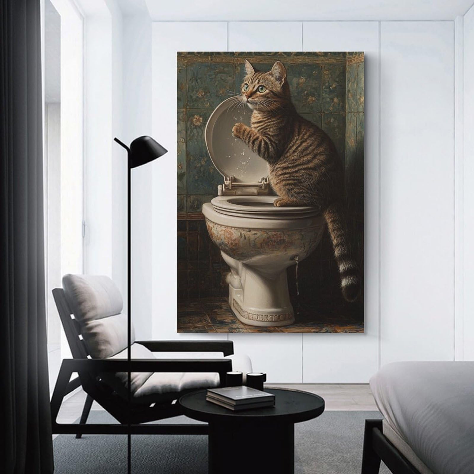 Junmoney Room Decor Wall Art Curious Cat on Toilet, 24x36inch(60x90cm), for Gallery Wall Decor And Room Displays, An Easy Match for Collected Prints