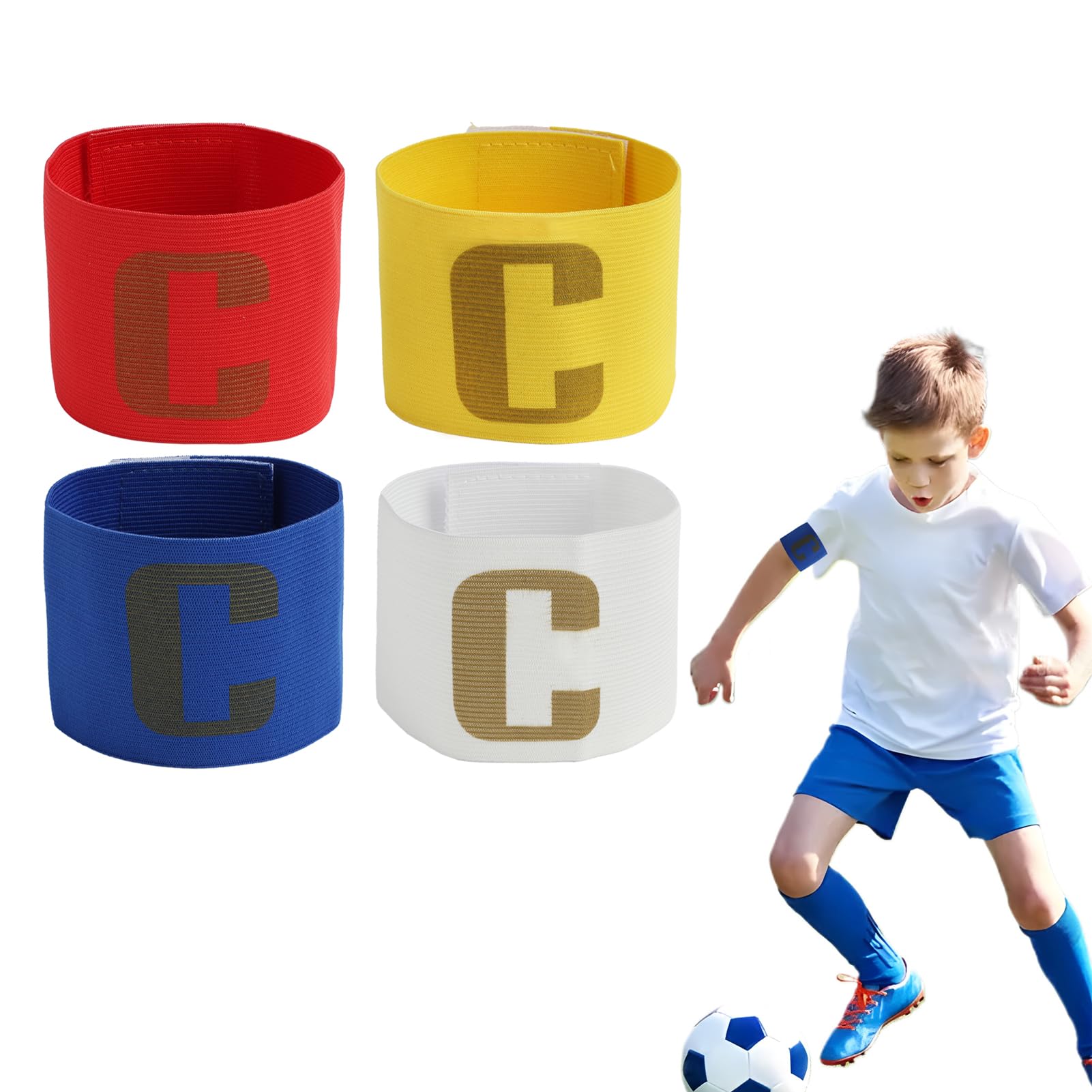 4 Fasce da Capitano per Bambini, da Calcio, Regolabili e Multicolore, Ideali per Calcio e Altri Sport di Squadra, Fasce Elastiche con Chiusura in Velcro