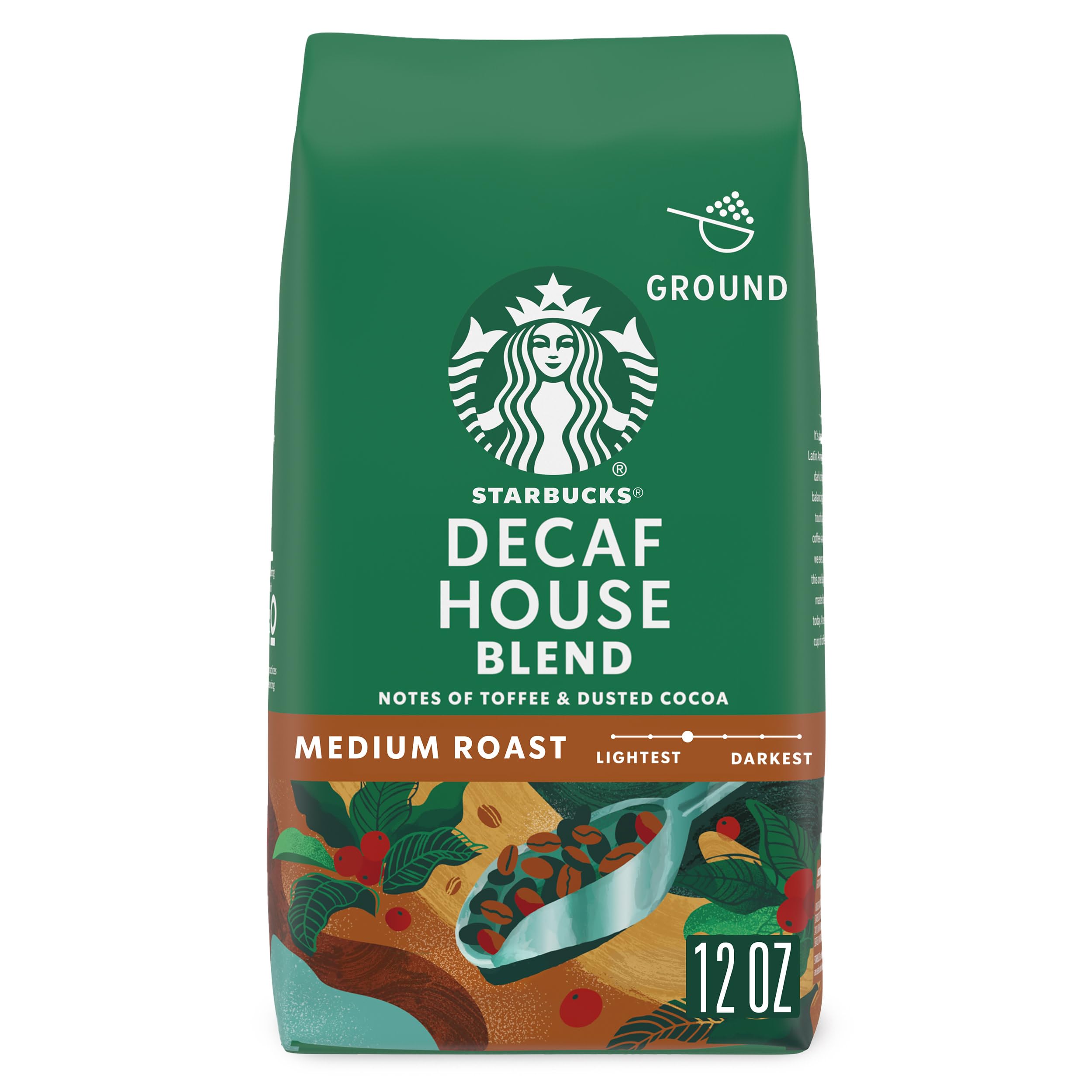 Starbucks Ground Coffee, Medium Roast Hot or Iced Coffee, Decaf House Blend, 12 oz