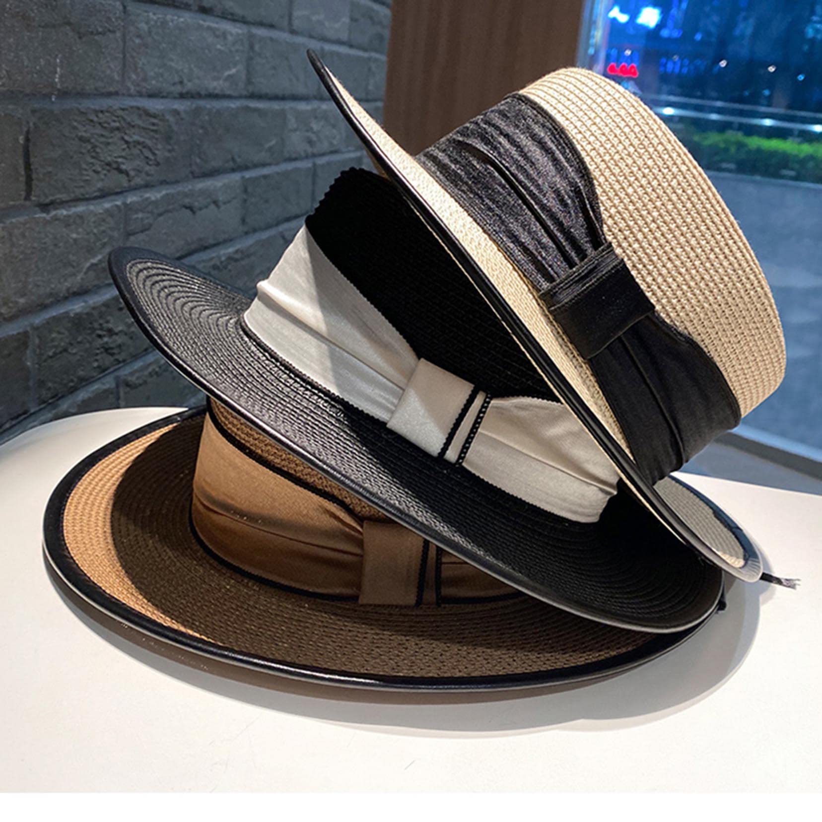 Frauen Vintage Strohhut Boater Hut Verstellbarer Sommer Flat Top Fedora Hut mit Bandband khaki-56-58cm