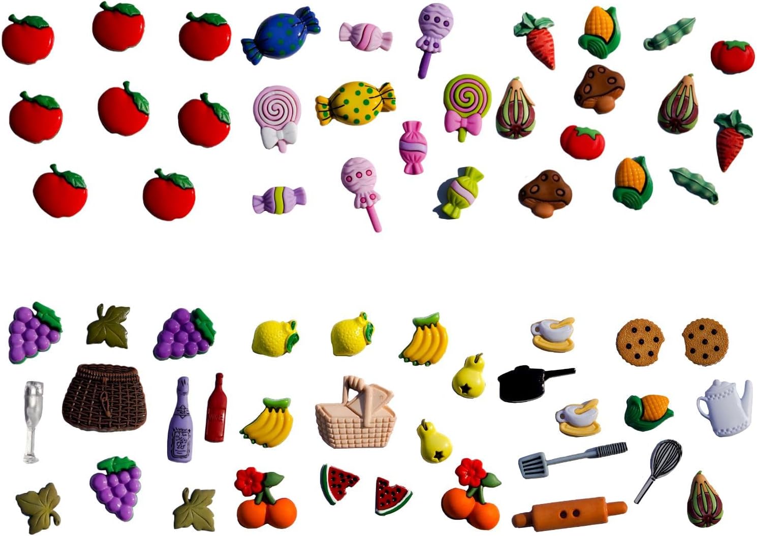 Assorted Food-Themed Buttons – 50+ Piece Set for Sewing, Scrapbooking & DIY Crafts – Fruits, Vegetables, Picnic & Cookout Designs