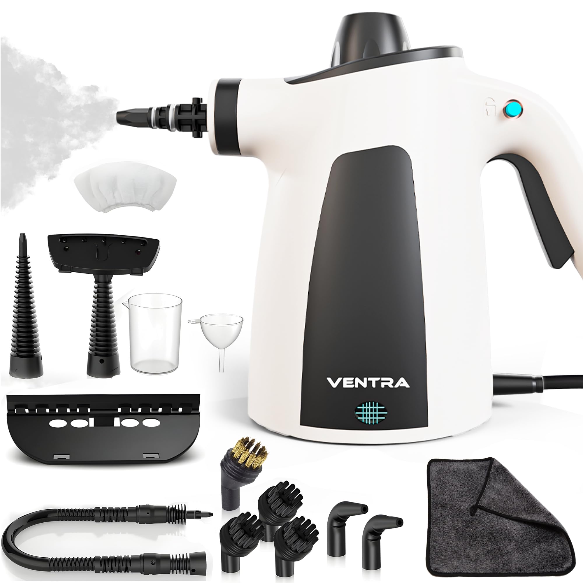 VENTRA® 15-teilig Dampfreiniger – Handdampfreiniger – 3.5 Bar | Extra leistungsstarkes, 5 Meter Stromkabel, inklusive Mikrofasertuch
