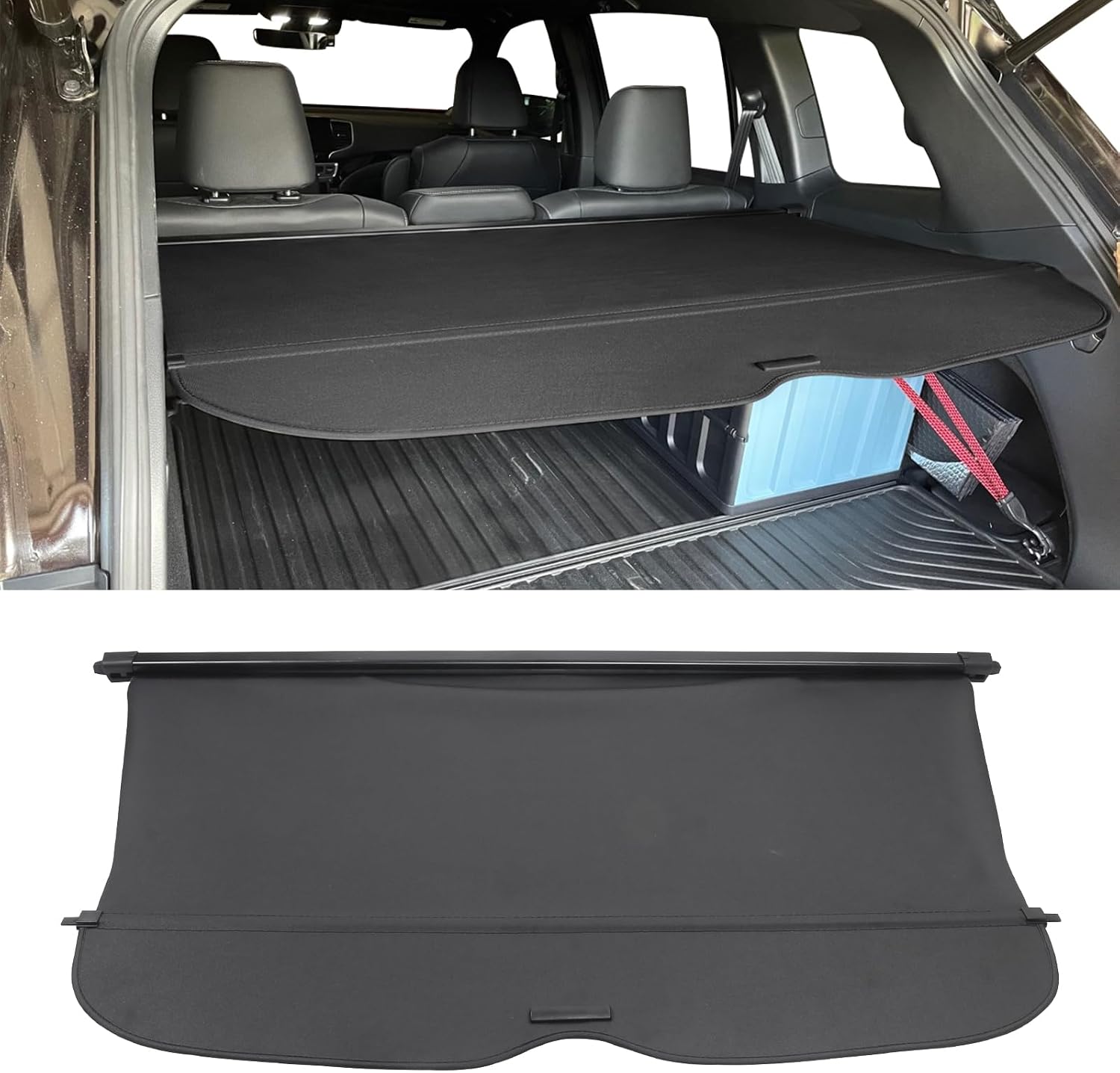 IKON MOTORSPORTS, Cargo Cover Compatible with 2019-2025 Honda Passport All Models, OEM Style PVC & Aluminum Rod Black Security Rear Trunk Cover Security Retractable Shield