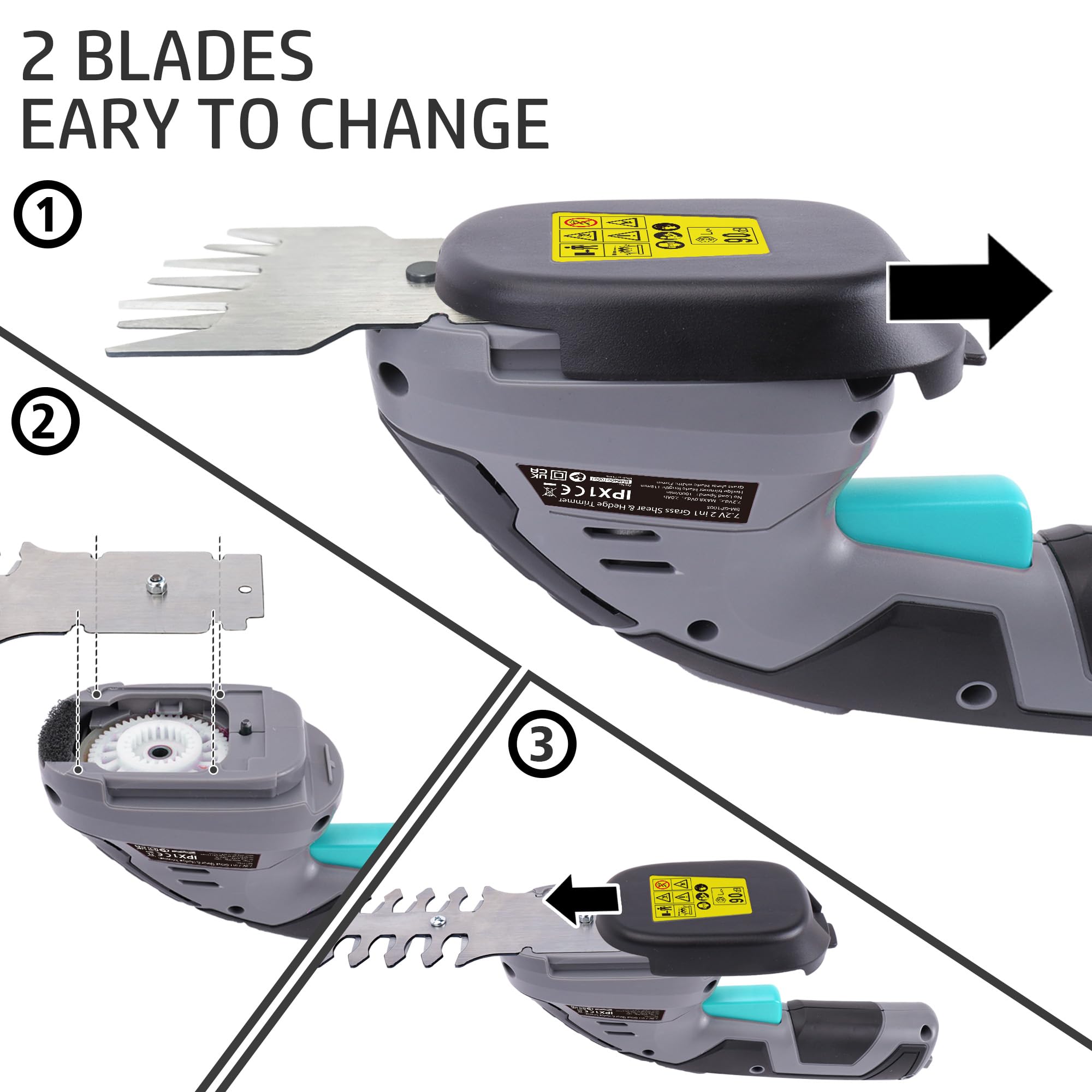 Bluemars Taille-haie sans fil 8 V 2 en 1 avec batterie lithium-ion 2000 mAh, mini sécateur de jardin avec 2 lames, pour pelouse, arbuste et bordure de jardin