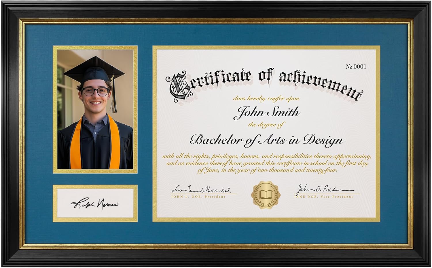 11x19 Diploma Frame, Display for 8.5x11 Certificate & 4x6 Photos, Tempered Glass with Acid-Free Blue over Gold Mat, Degree Frame for Graduation, Black with Gold Trim 8.5x11 Certificate & 4x6 Picture Black frame/Blue mat