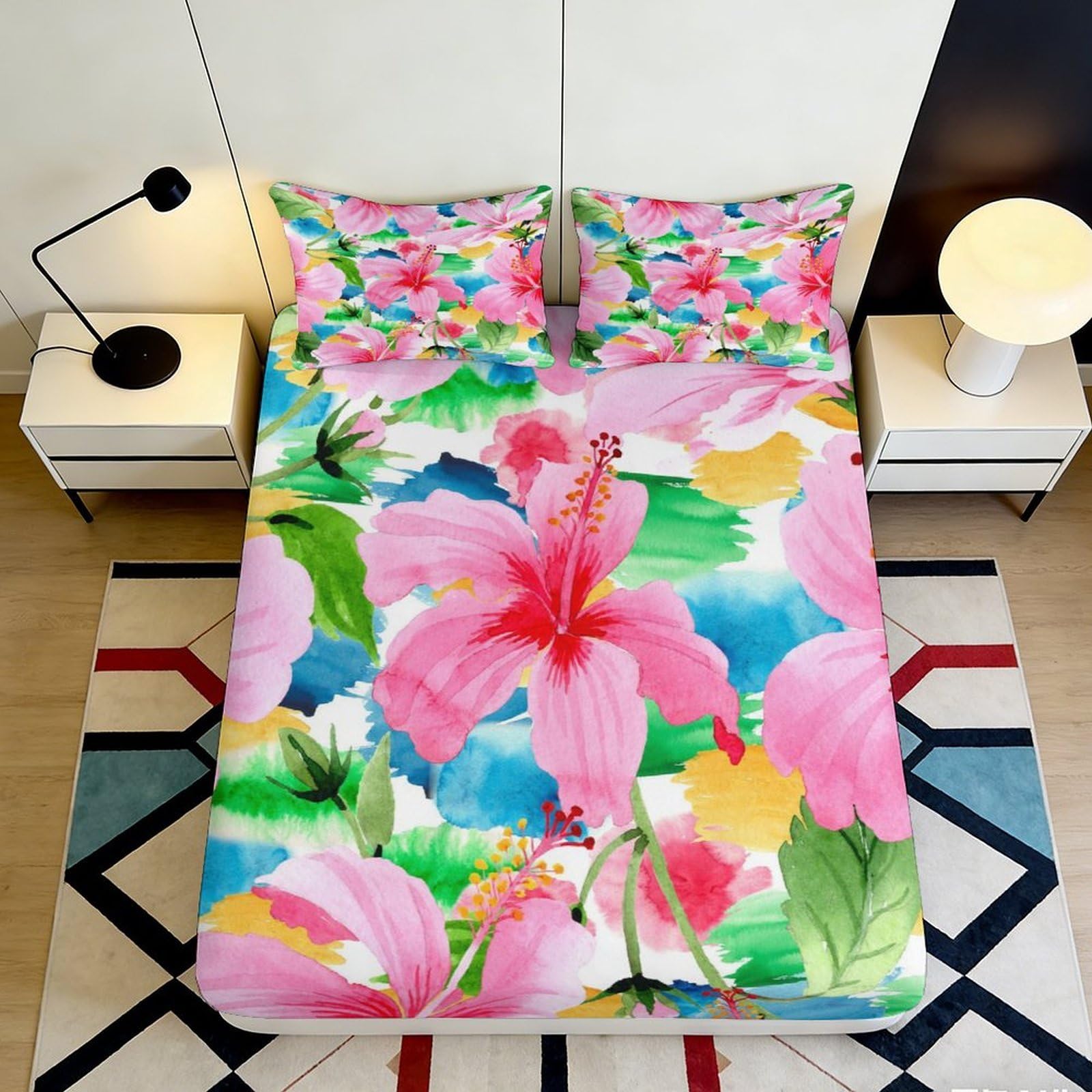 3D Printed Tropical Hibiscus Fitted Sheet Microfiber Soft Colorful Floral Mattress Cover for Bedroom Guest Room Decor 120x200x25cm