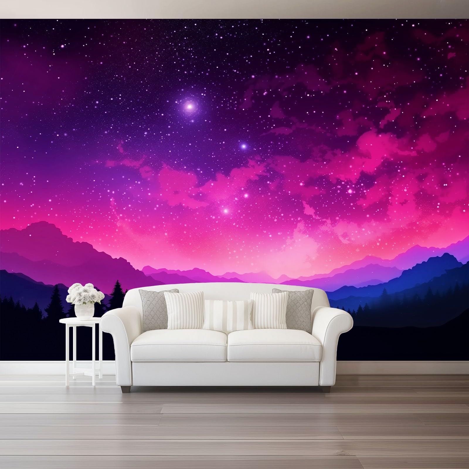 Fotomural panorámico de alta calidad con cielo estrellado rosa y morado
