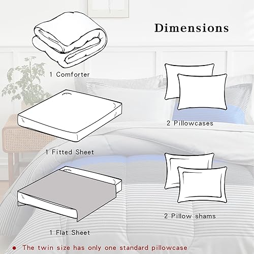 Miniatura 5 de Flysheep Juego de sábanas de 6 piezas a rayas bohemias degradadas en una bolsa, tamaño individual, a rayas azules y grises (1 edredón, 1 sábana