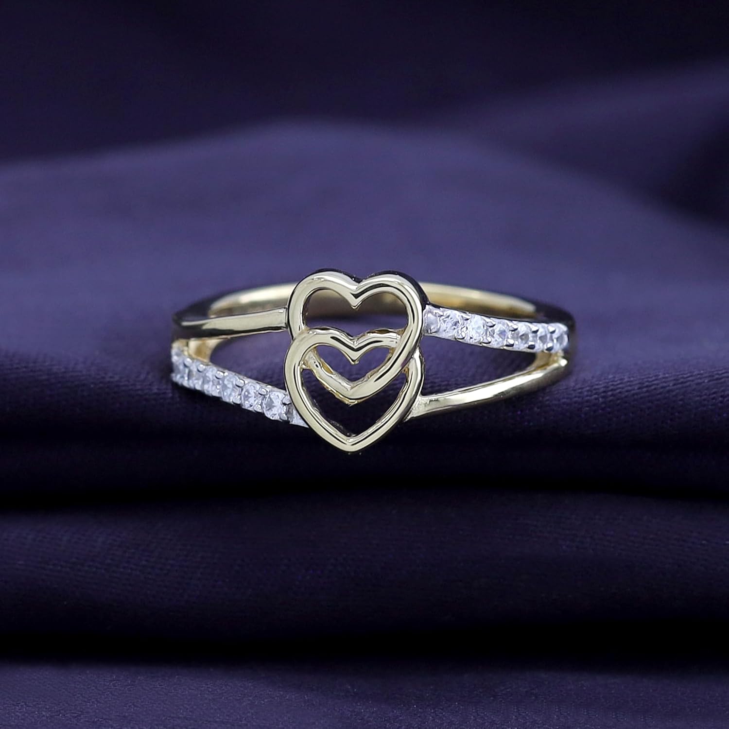 AFFY Double Heart Promise Ring for Women in 14K Gold Over Sterling Silver, Round Cut White Cubic Zirconia Couples Jewelry Gift for Her, Dainty Love Ring