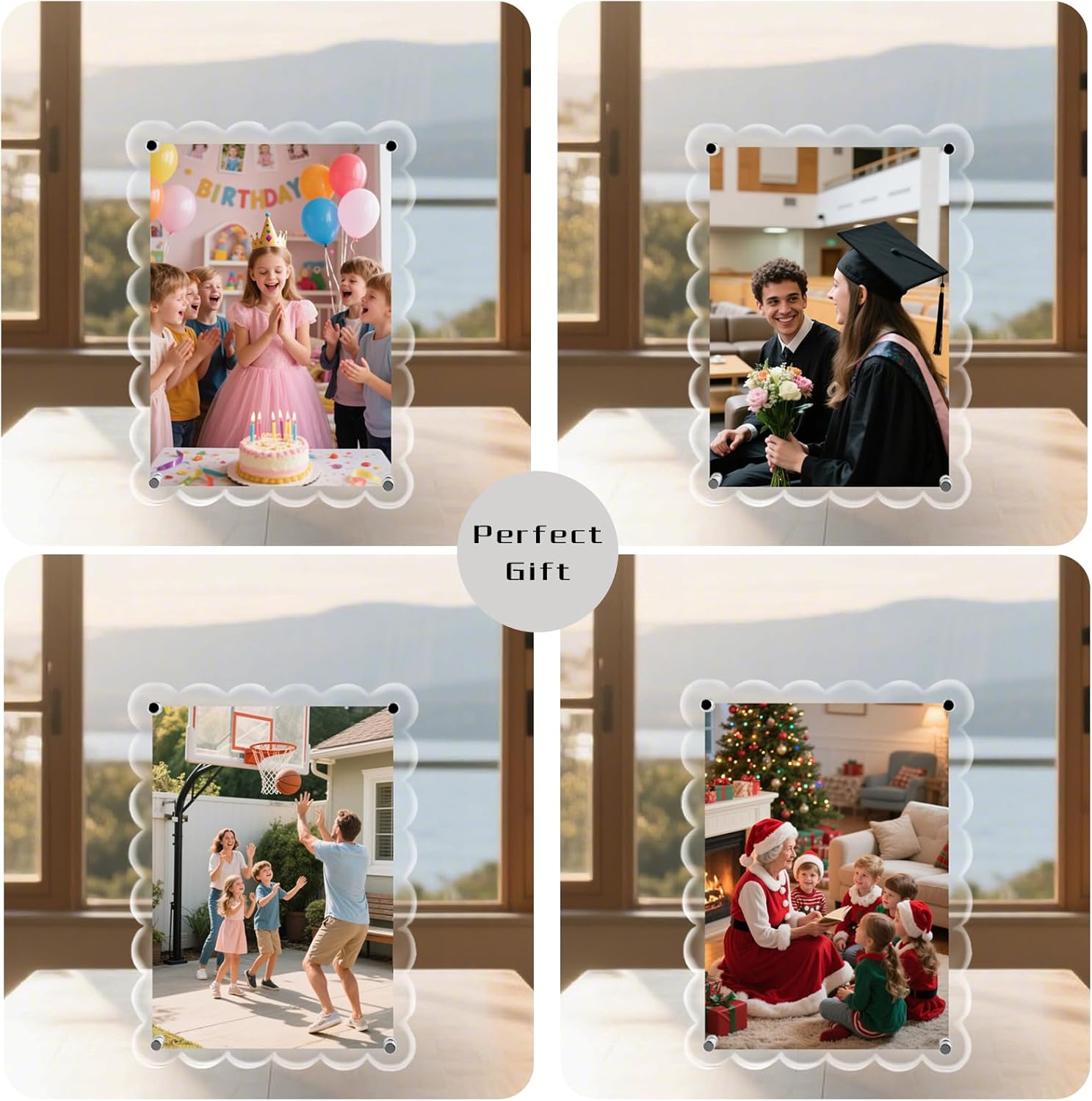 4x6inch Acrylic Scalloped Picture Frames 3 Pack, 10mm+10mm Thick Magnetic Free-Standing Transparent Photo Frame,Frameless Artistic Frame for Desktop Tabletop,Gift Use. (Transparent, 4X6)