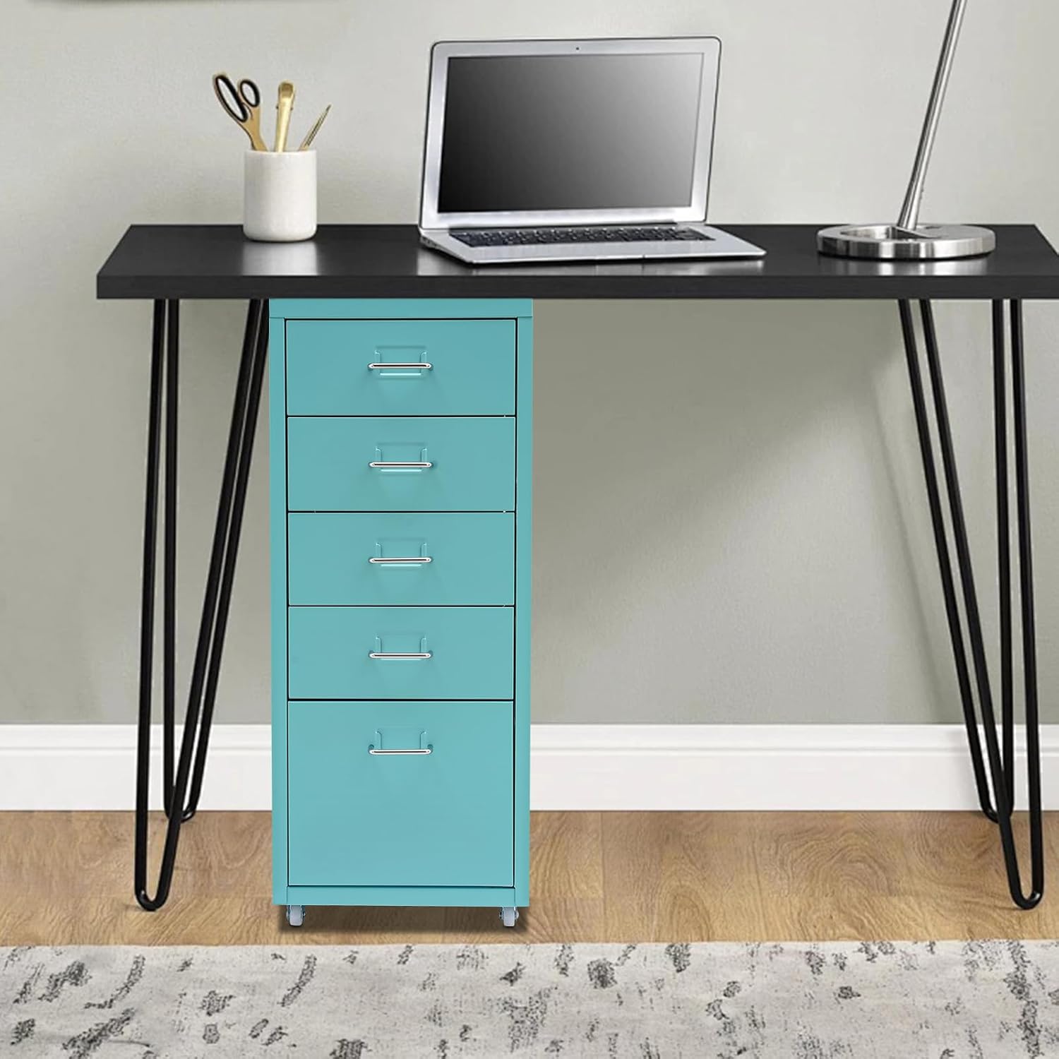 Metal Storage Drawers, 5 Drawer File Cabinet with Wheels, Mobile Vertical Storage Cabinet for Home Office Living Room Study