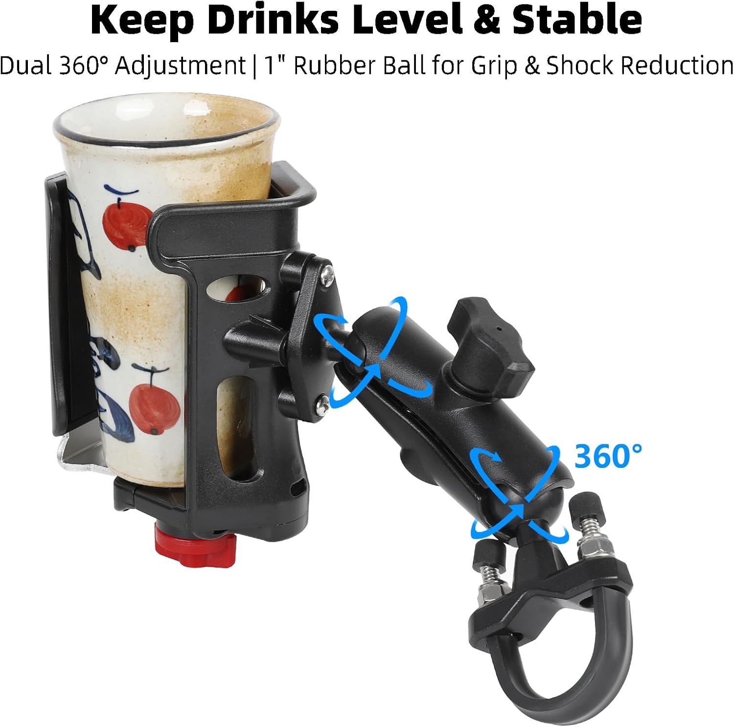 Motorcycle Cup Holder, Double 360° Swivel Level Cup Drink Holder with Handlebar U-Bolt Base & Aluminum Alloy Medium Arm, Universal Water Bottle Holder for Motorcycle, Bike, ATV, UTV