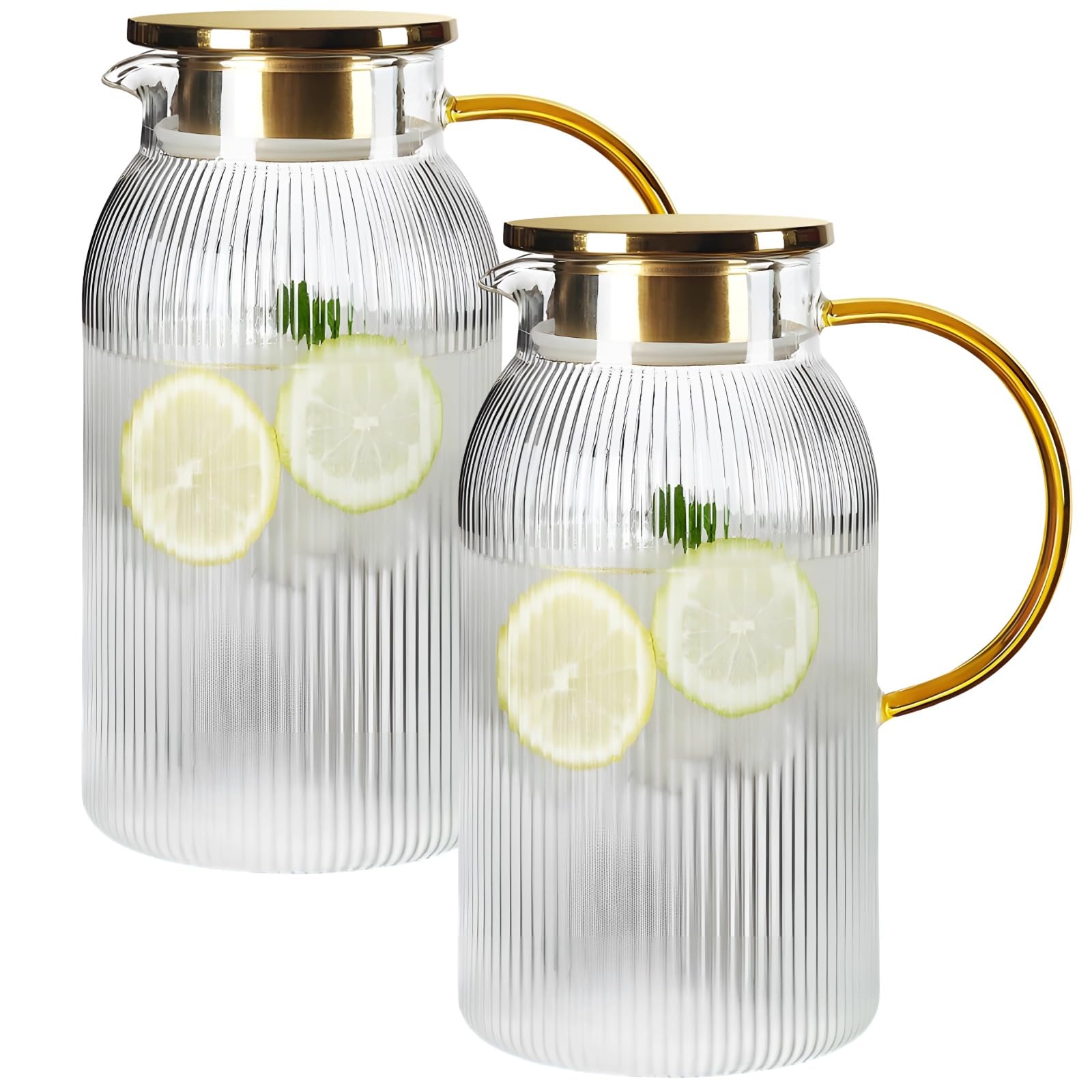 Generisch 2 Stk. Glaskrug mit Deckel, 64 oz hitzebeständige Borosilikat-Karaffe, vertikal gestreifter Wasserkrug für Eistee, Saft, Limonade, Kaffee, Milch, Cold Brew, Getränkekanne für Kühlschrank