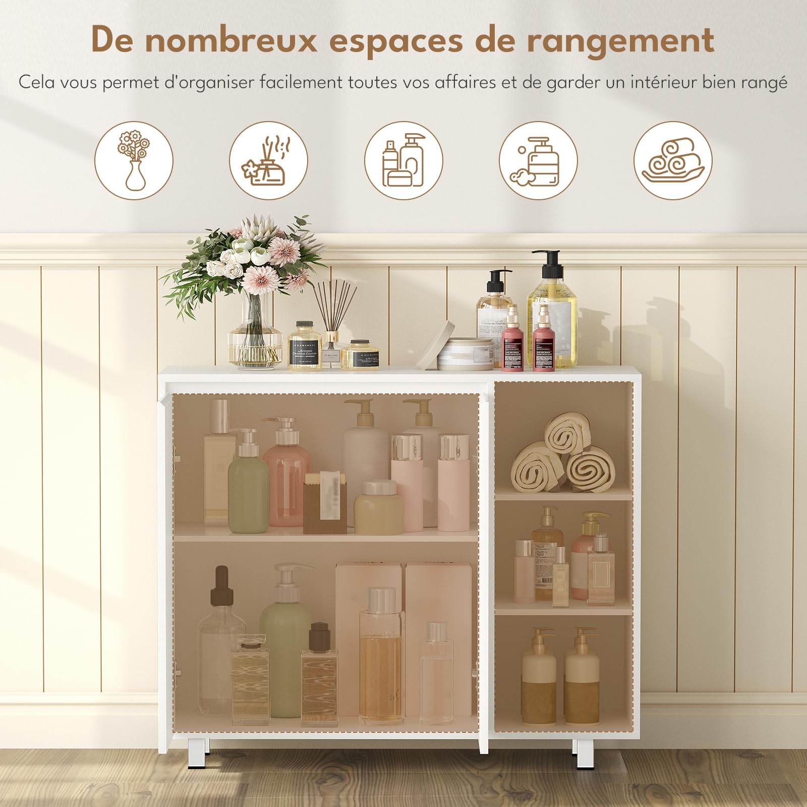 BEWISHOME Meuble Salle de Bain,Meuble de Rangement avec Étagère Réglable | Commode Salle de Bain avec 2 Portes et 3 Compartiments Ouverts,Grand Espace pour Salle de Bain,Salon 35 x 100 x 80 cm,Blanc