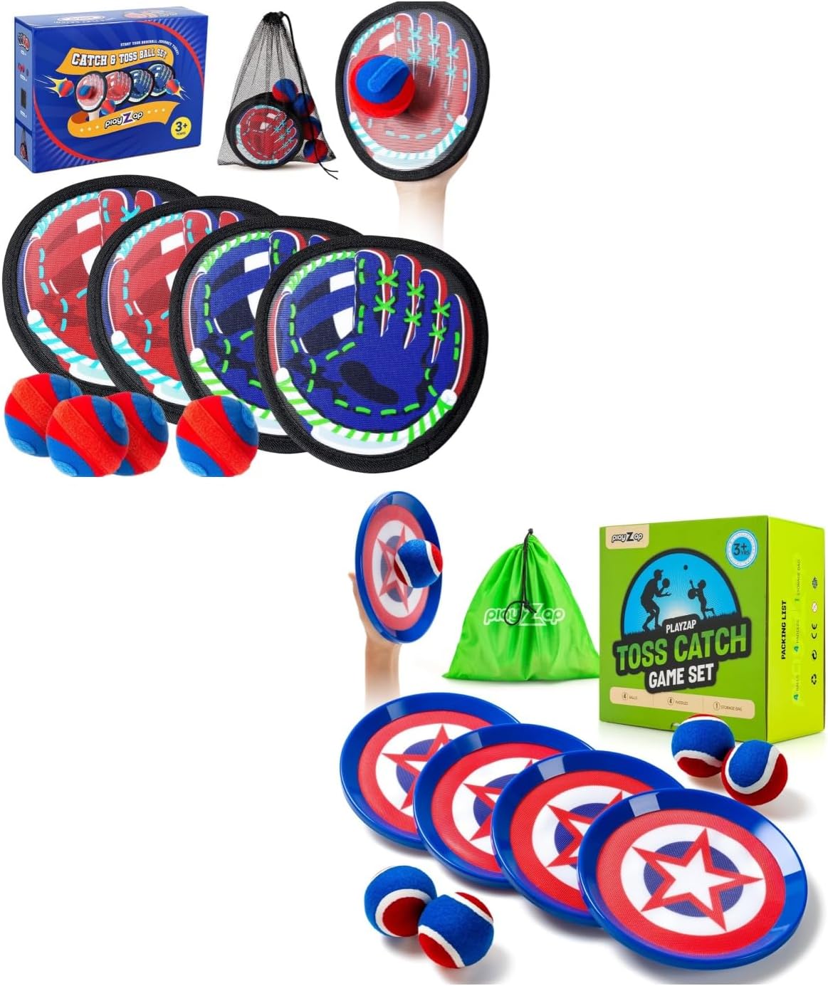 PlayZap Toss and Catch Ball Set - Valentine Gift for Toddlers Kids Boys Girls 2-4 5-7 8-13+ Yrs - Baseball Glove Toy Indoor Outdoor Yard Game & Beach/Pool Toy Set 4 Pack