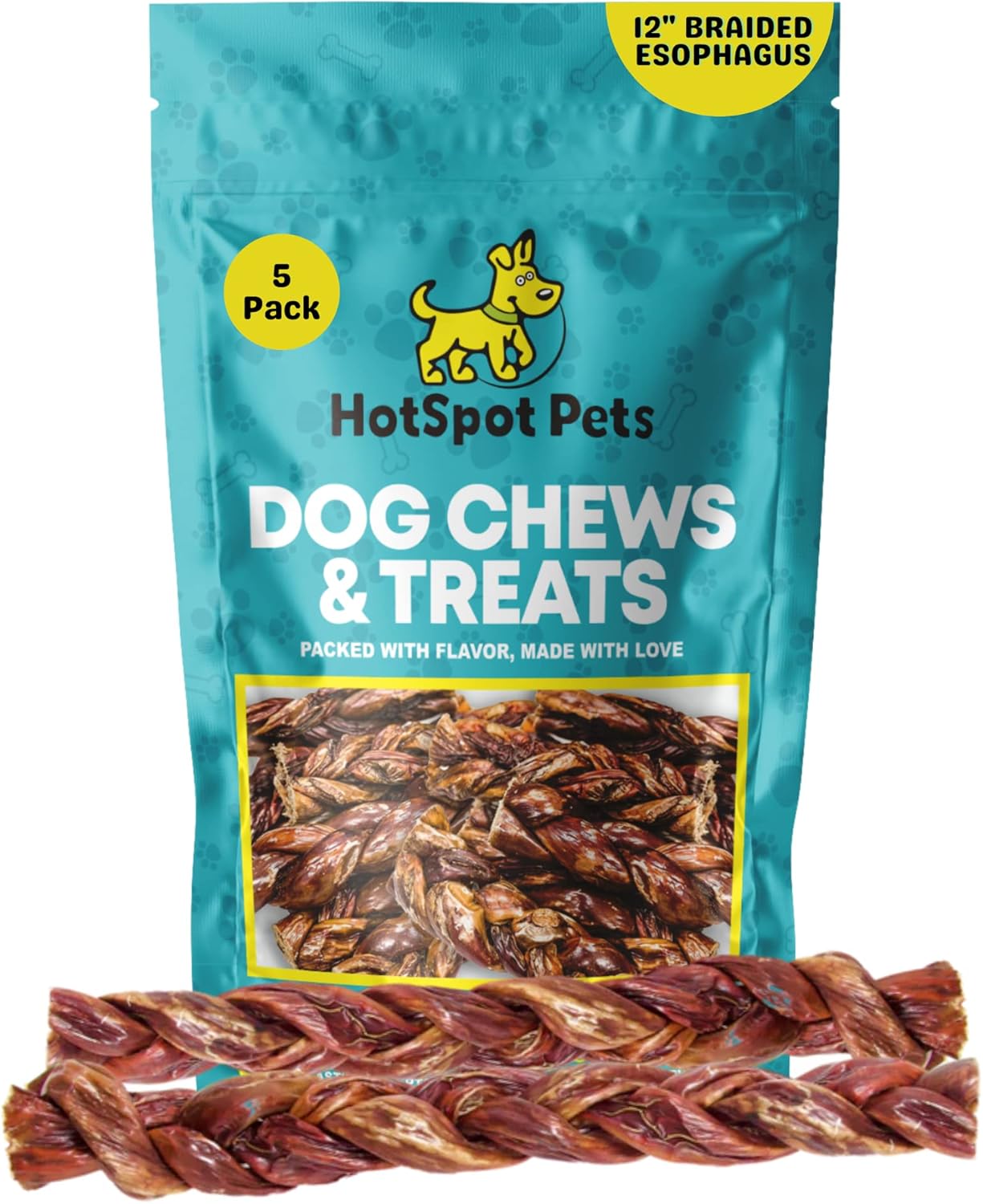 hotspot pets All-Natural Beef Gullet Sticks – Grass-Fed, 12'' Braided Esophagus Jerky Treats - Rich in Glucosamine & Chondroitin for Joint Health – Rawhide-Free Dog Chews