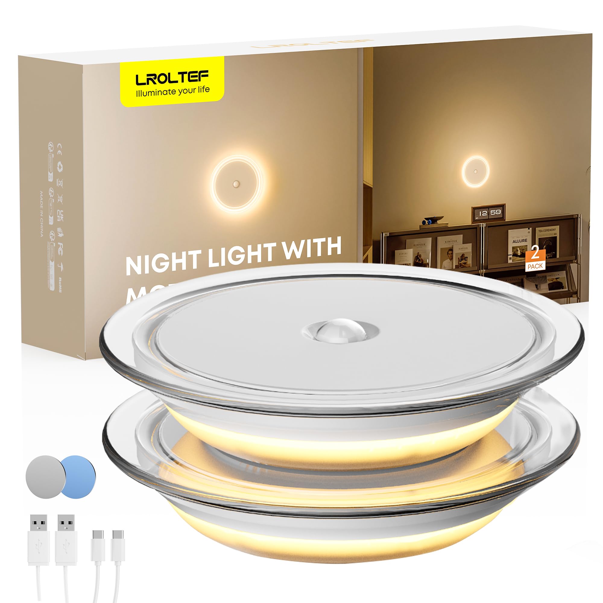 LROLTEF Night Light Backlight with Motion Sensor, 3000K 1200mAh Magnetic Rechargeable Night Lighting for Bedrooms, Stairs, Corridors, Corners | Transparent Shells 2 Pieces