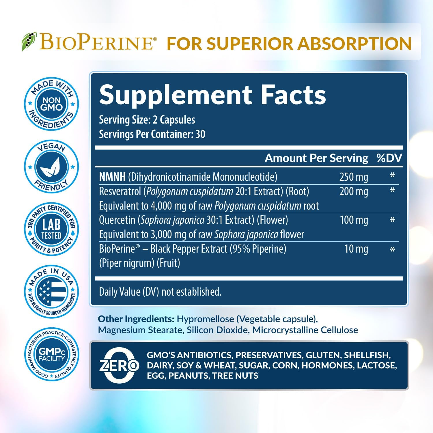 NMNH Supplement (NMN Alternative) NAD Booster for Anti-Aging, Cellular Energy & Nice Skin- Dihydronicotinamide mononucleotide, Resveratrol, Quercetin & BioPerine® for Max Absorption- 60 caps