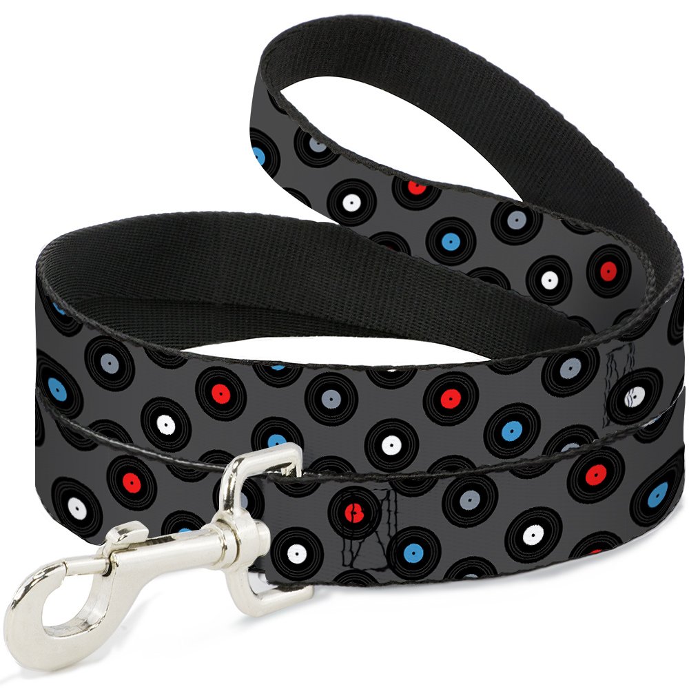 Laisse pour animal Disques vinyles Buckle Down 1,8m x 2,5cm motif rétro gris noir rouge bleu blanc