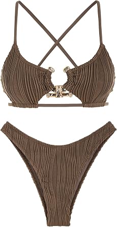 ZAFUL Womens Sexy Cutout Bikini Set High Cut Textured Metal Ring Cheeky Swimsuit Two Piece Bathing Suit