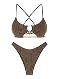 Women's Sexy Cutout Bikini Set High Cut Textured Metal Ring Cheeky Swimsuit Two Piece Bathing Suit